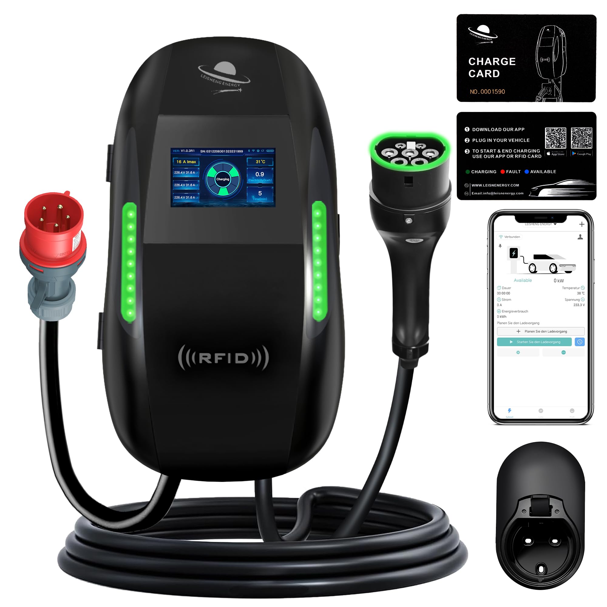 LEISHENG ENERGY Smart EV Wallbox 11kW Typ 2, 6m Ladekabel mit Kabelhalter, 3-Phasen 16A 400V, mit App Steuerung & Radar-Sensor, IP65 Wasserdicht, Heim-Ladestation für Elektroauto & PHEV