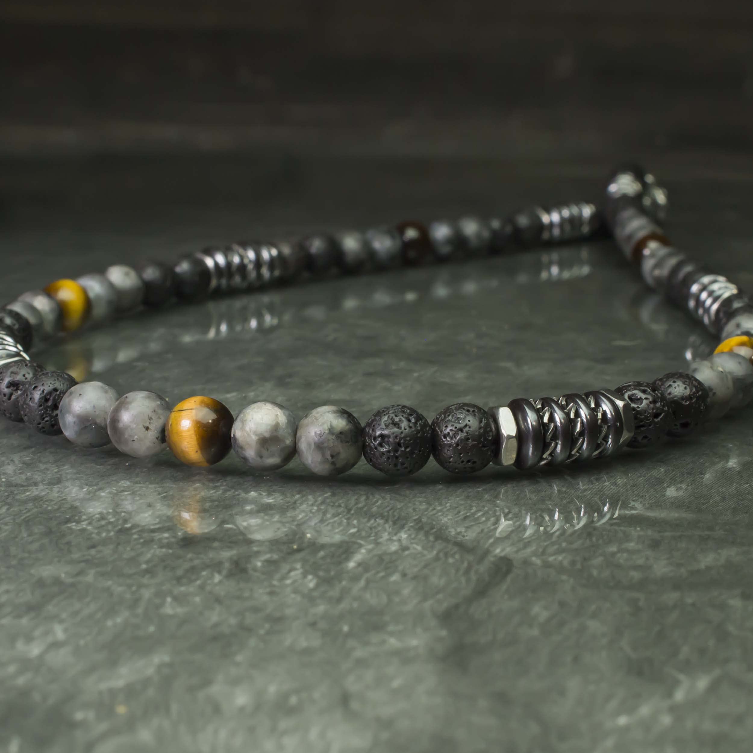 Collier perles 8mm pierre naturelle Œil Tigre Larvikite Labradorite gris mat Lave Volcanique noir rondelles Hématite métal INOX fabriqué en France COLLITEF15