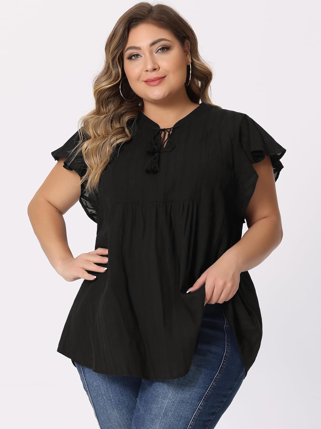 Agnes Orinda Women Plus Size Tops V Neck Drawstring Tassel Self Tie Flutter Short Sleeve Blouses Flowy 2024 Tops - Image 2