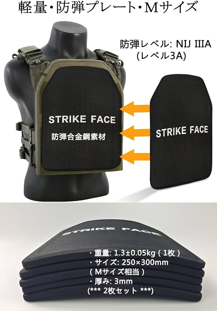 NIJ III レベル３ 防弾プレート 2枚 セット Mサイズ 防弾鋼製 NIJ-Ⅲ レベル3 実物 防弾プレート2枚セット 5 56～7 62㎜弾(M4