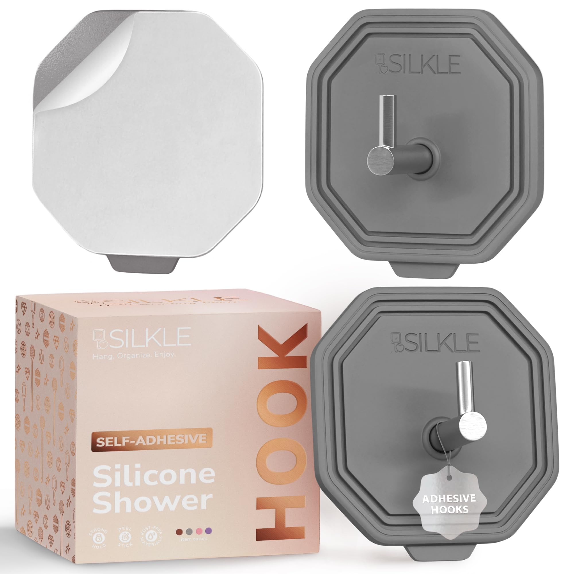 SILKLE Adhesive Silicone Shower Hooks - Adhesive Wall Hooks Towel Holder for Bathroom Tile Glass No-Drill Waterproof Rustproof