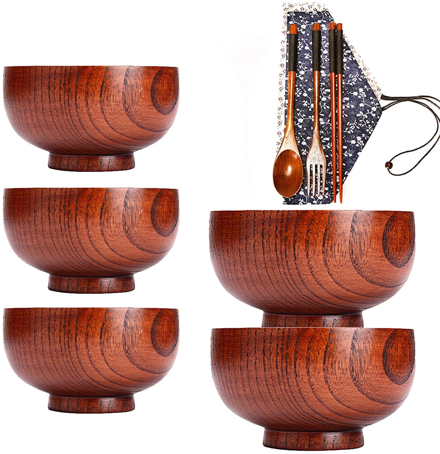 WOTZOV Bowl Household Rice Bowl Ramen Bowl Tableware Jujube Wood Salad Bowl Set, Wooden Salad Bowls With Wooden Cutlery Set, Large Wood Bowl For Food, Fruits, Salads And Decoration，Black 5PACK