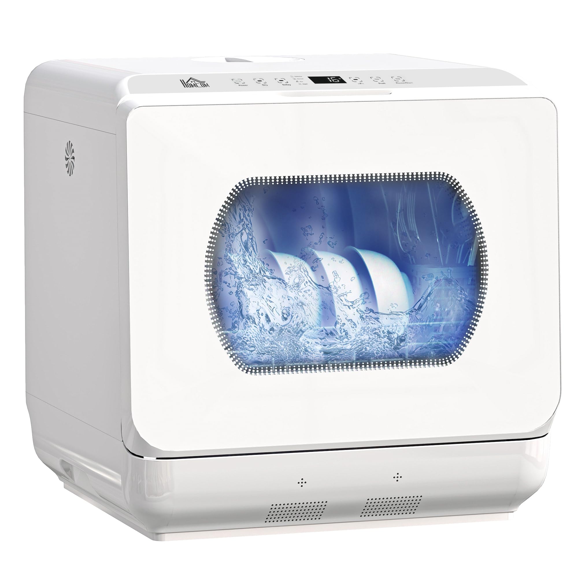 HOMCOM Mini lave-vaisselle 4 couverts, lave-vaisselle de table 5 programmes, double alimentation en eau, lavage des fruits, réservoir d'eau 6L, commande tactile, départ différé, affichage LED, blanc