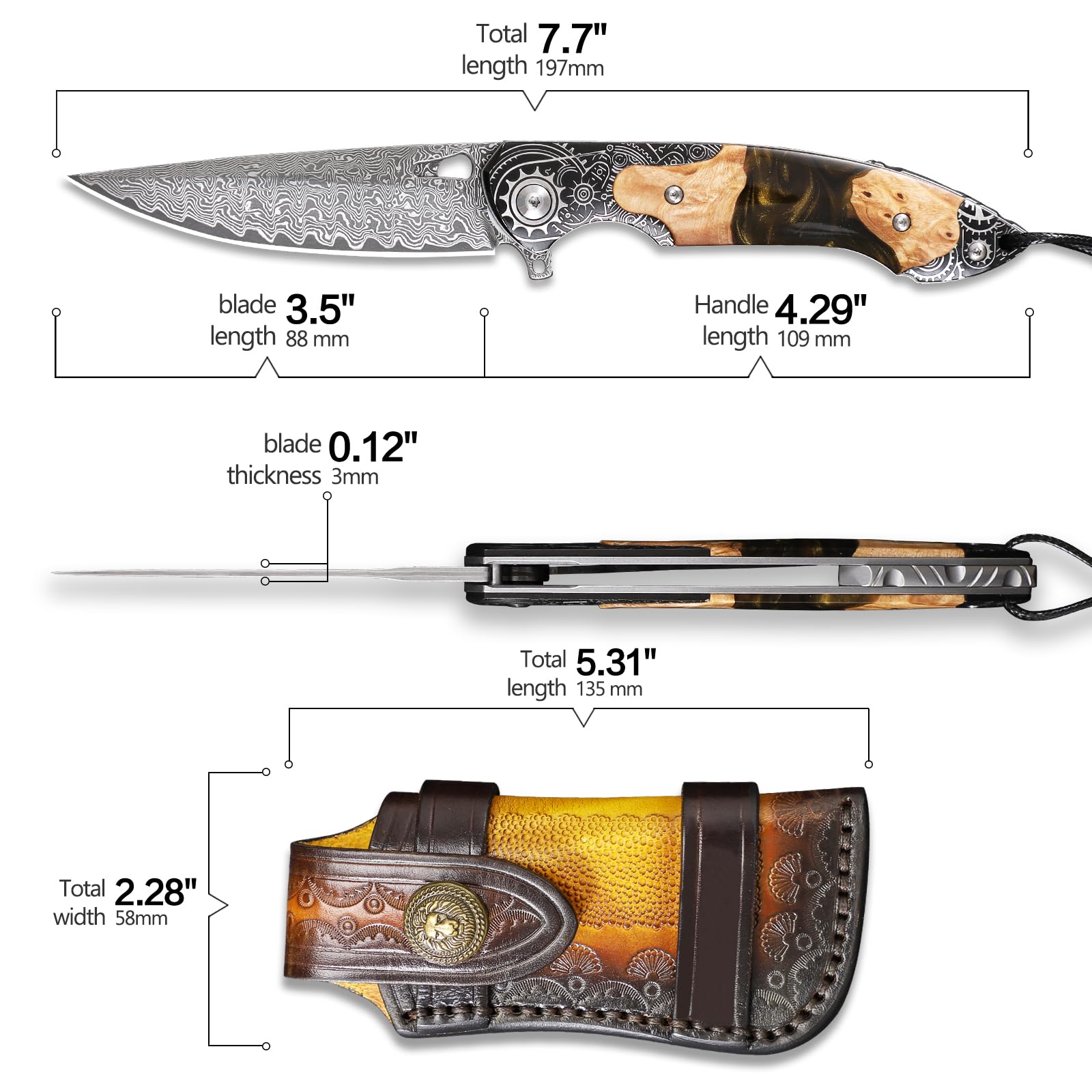 Handgefertigt Damaszener Stahl Taschenmesser, 3,5 „ Klingen Männer und Frauen Klappmesser, mit Lederscheide, Harz und Ahorn Griff, geeignet für Outdoor EDC tragen, Camping Abenteuer Jagd