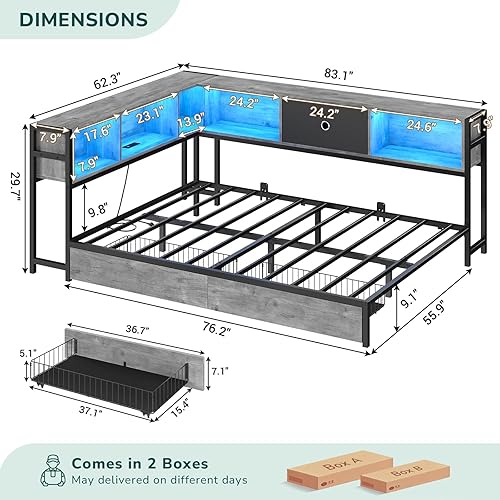 Miniatura 3 de Hasuit - Base de cama esquinera de tamaño matrimonial con cajones de almacenamiento y cabecera con estantería, plataforma de metal, estación de