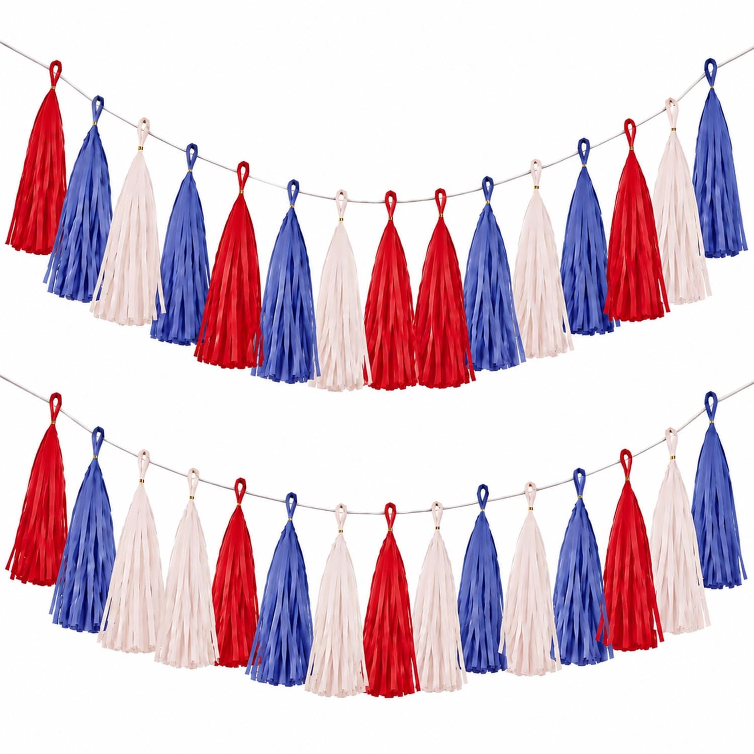 Red White & Blue Paper Tassels Garland Banner - Patriotic Tassel Decor for Birthday, Baby Shower, Family Party, Graduation, Engagement (30-Pack)