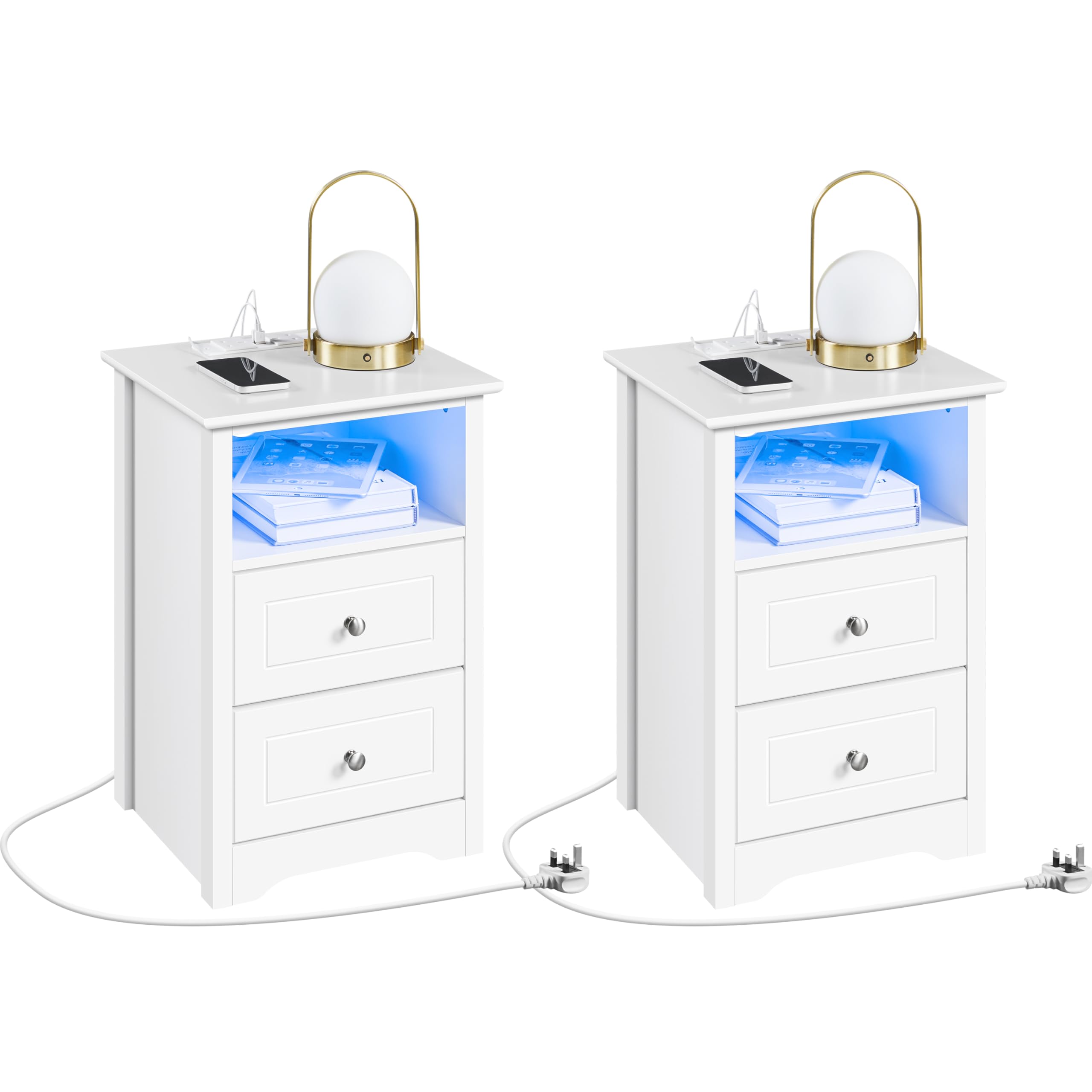 Yaheetech LED Bedside Table Set of 2, Side Table with 2 Charging Station and ...