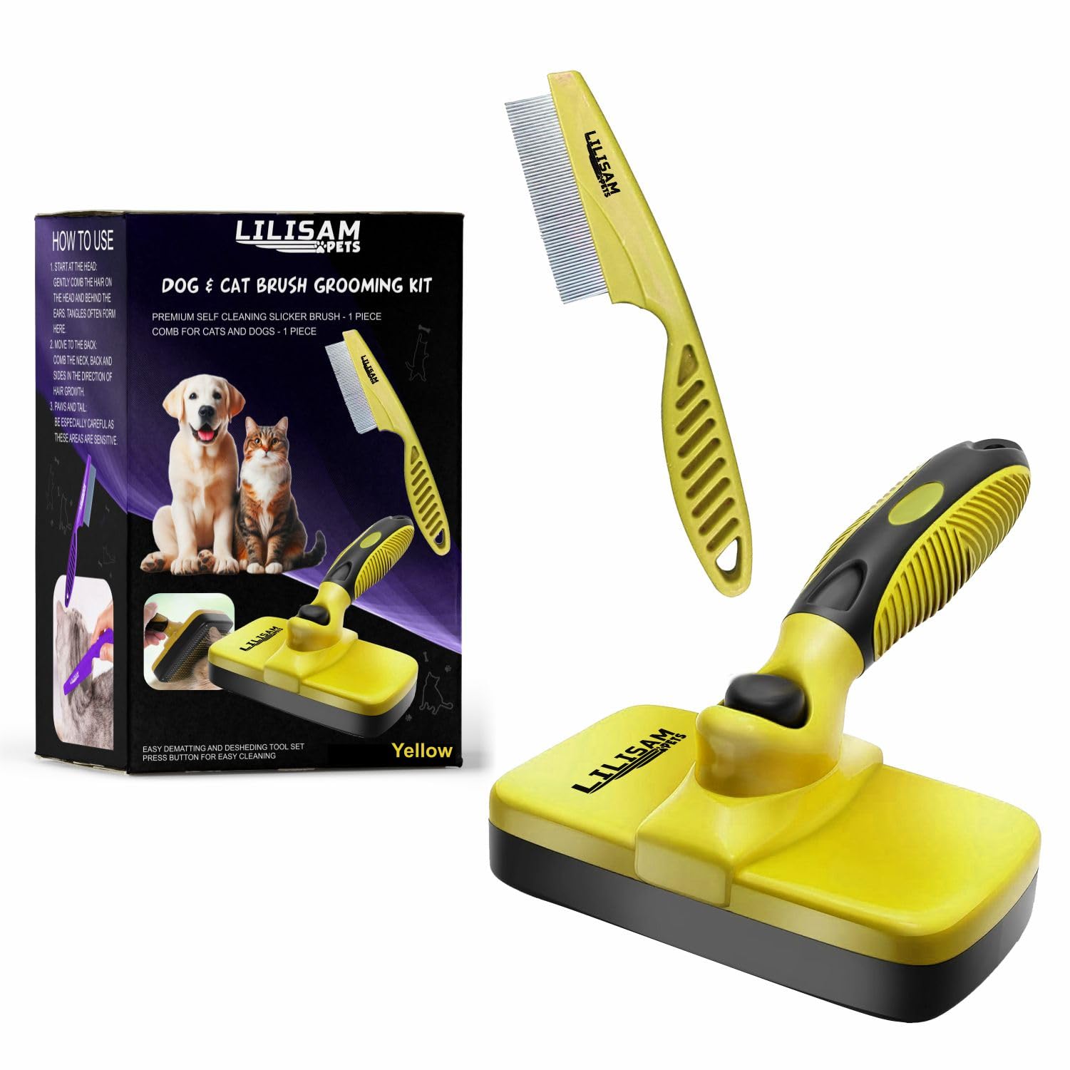Pet Self Cleaning Slicker Brush and Grooming Comb - Gently Removes Loose Hair, Tangles, and Dirt - Skin Friendly Deshedding Grooming Tool for Hair