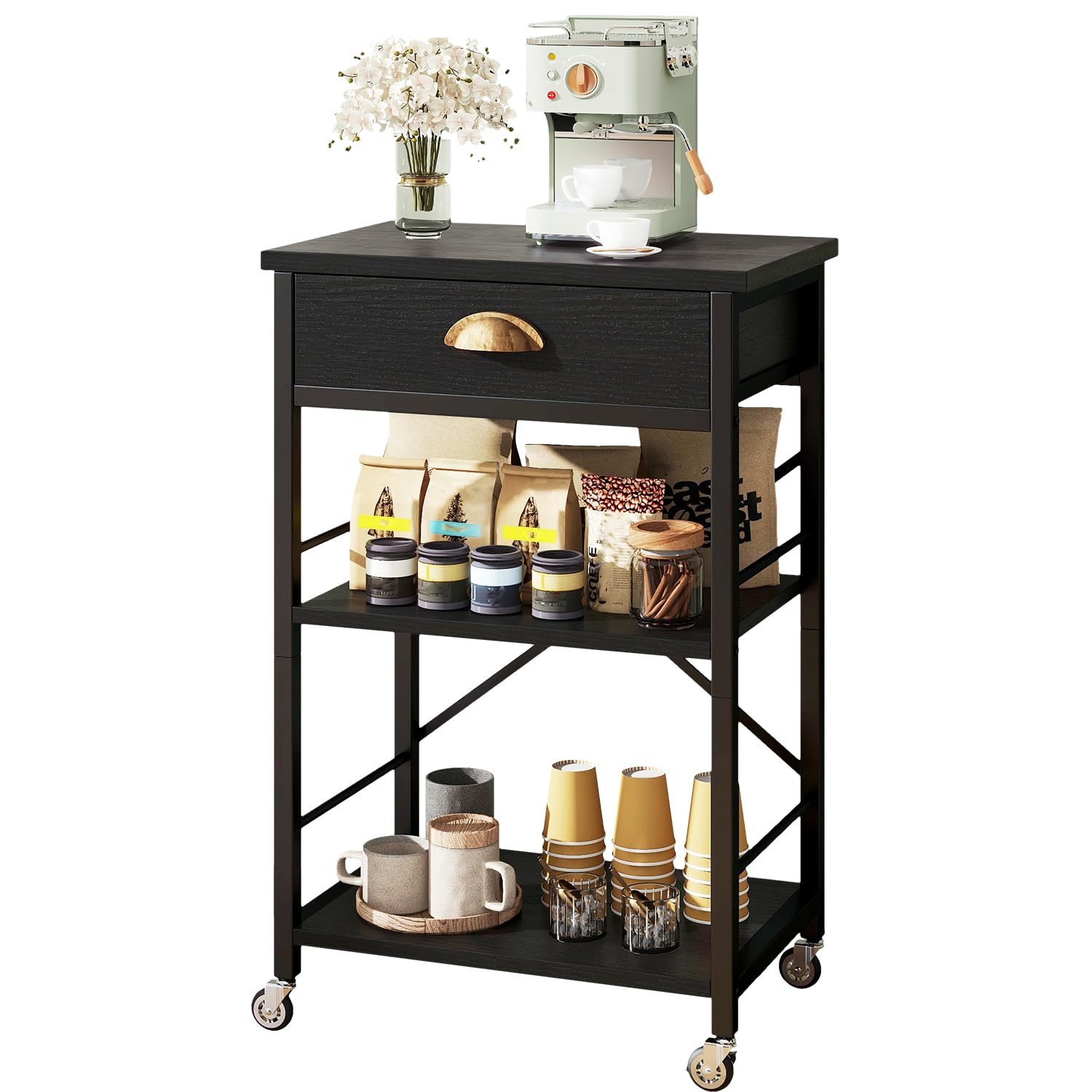 IBUYKE – Étagère boulanger de cuisine avec tiroirs, support à 3 niveaux pour four à micro-ondes avec espace de rangement, table de bar à café avec roulettes, étagère réglable, montage simple, noir