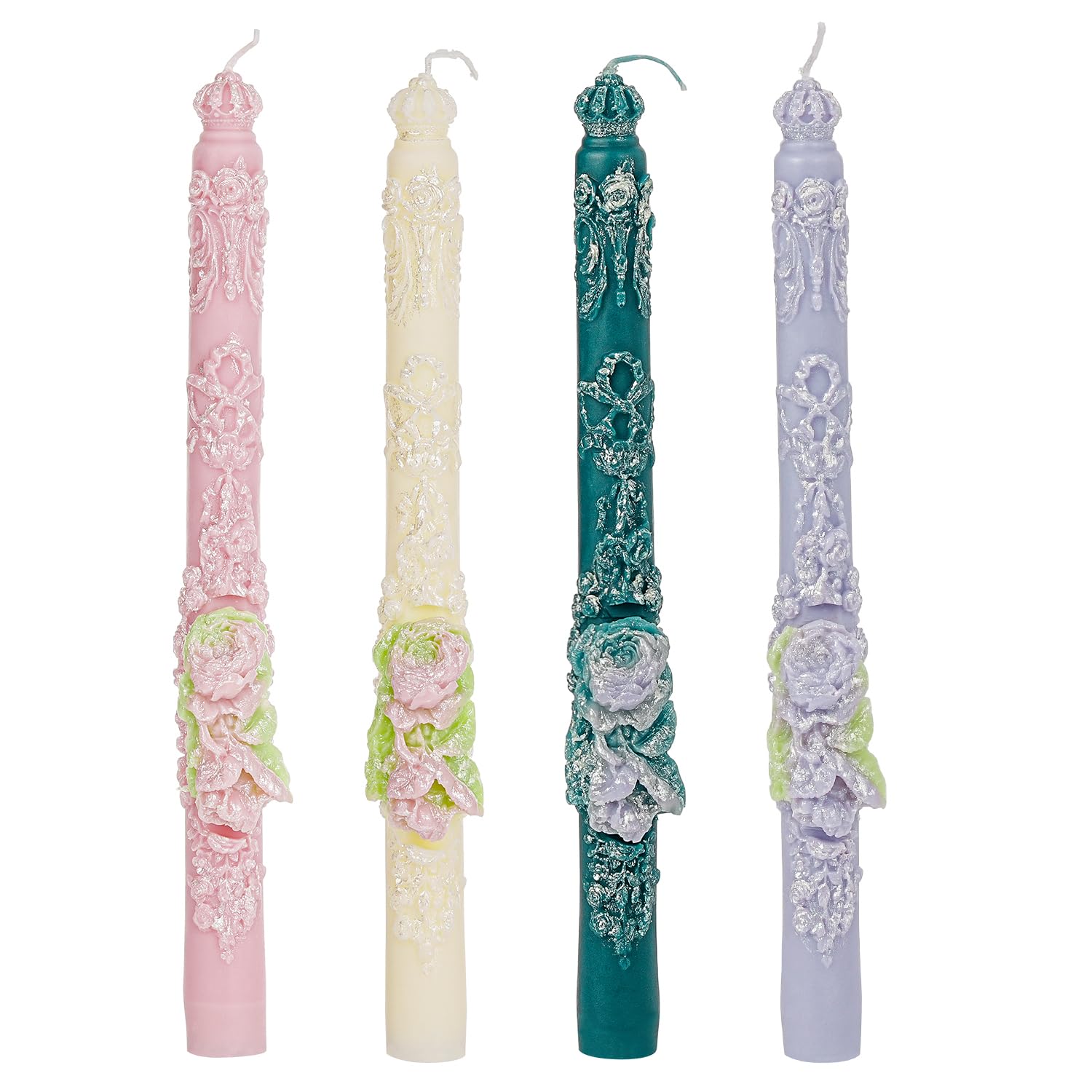 Sungmor Lot de 4 bougies coniques décoratives florales fabriquées à la main, 22,9 cm de long et 4 couleurs parfumées, chandeliers élégants pour mariages, dîners romantiques, décoration d'intérieur et