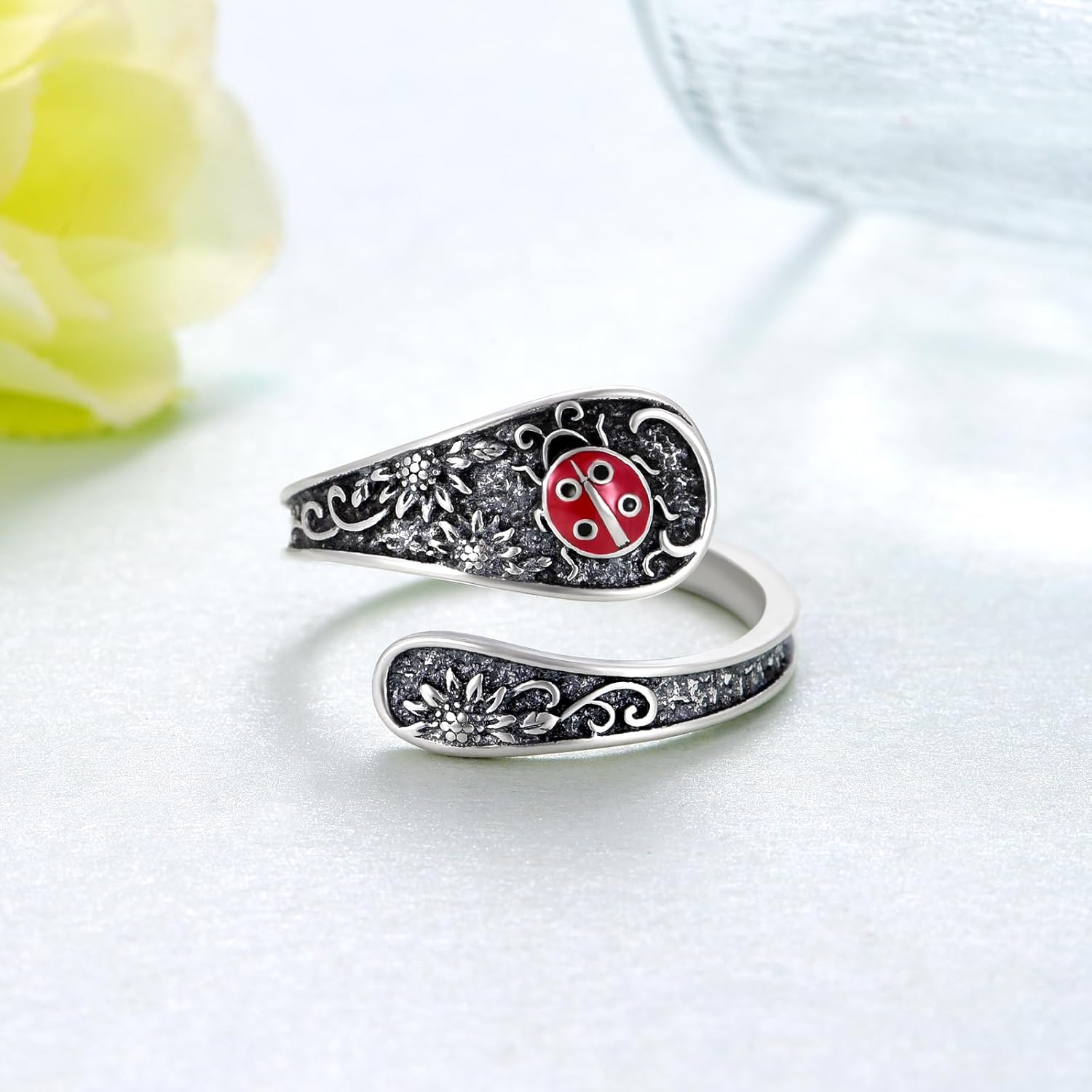 Spoon Rings 925 Sterling Silver Ladybug/Bat/Cherry Blossom/Moth/Peacock/Whale Shark/Parrot/Giraffe/Hummingbird/Octopus/Tulip/Mushroom Stuffed Animal for Women Animal Lover - Image 5