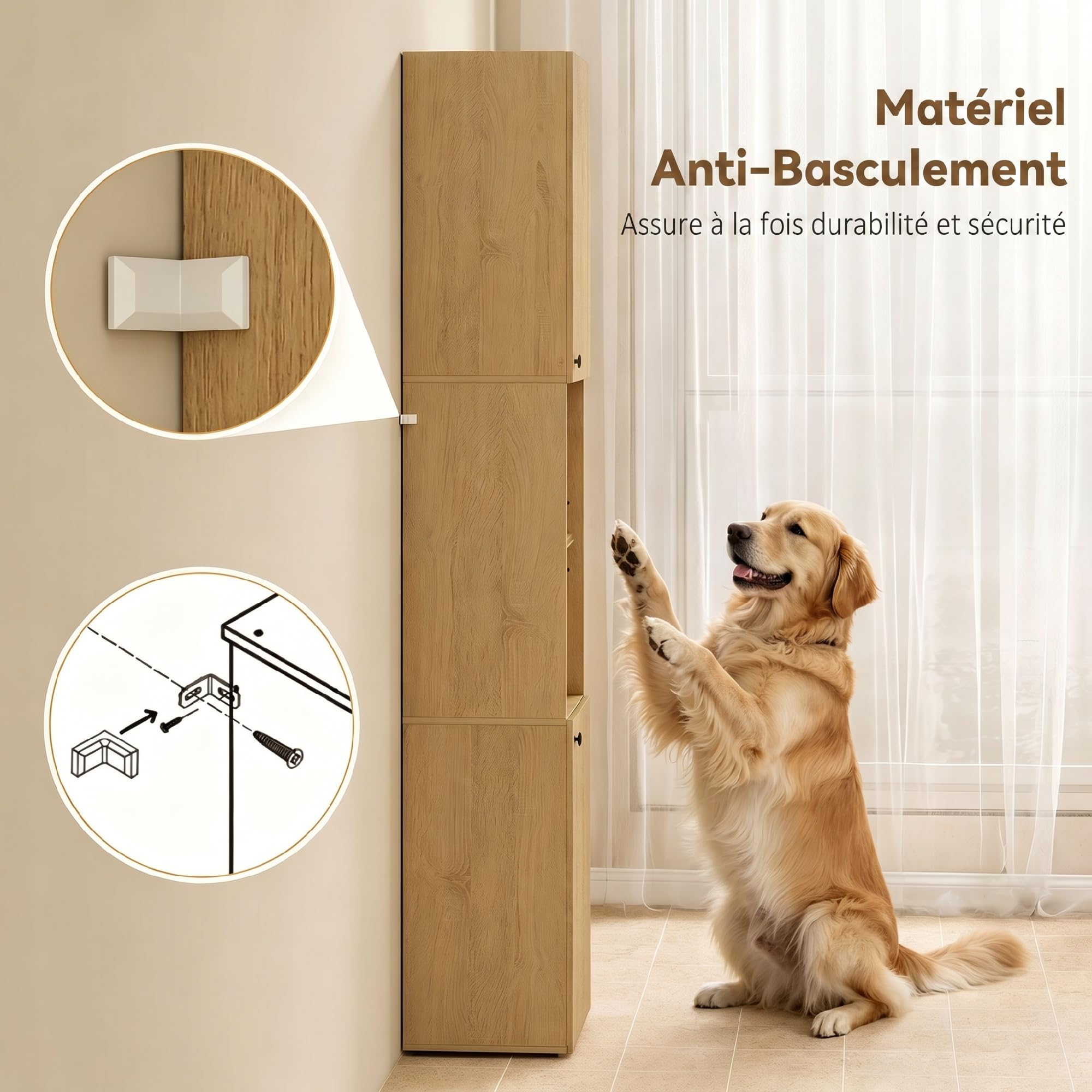 HOMCOM Meuble Colonne Salle de Bain, Meuble de Rangement étroit 6 Niveaux, 2 Portes, Compartiments Ouverts, étagère Verre trempé, étagères réglables, pour Toilette, Petits espaces, 40x31x182cm, chêne