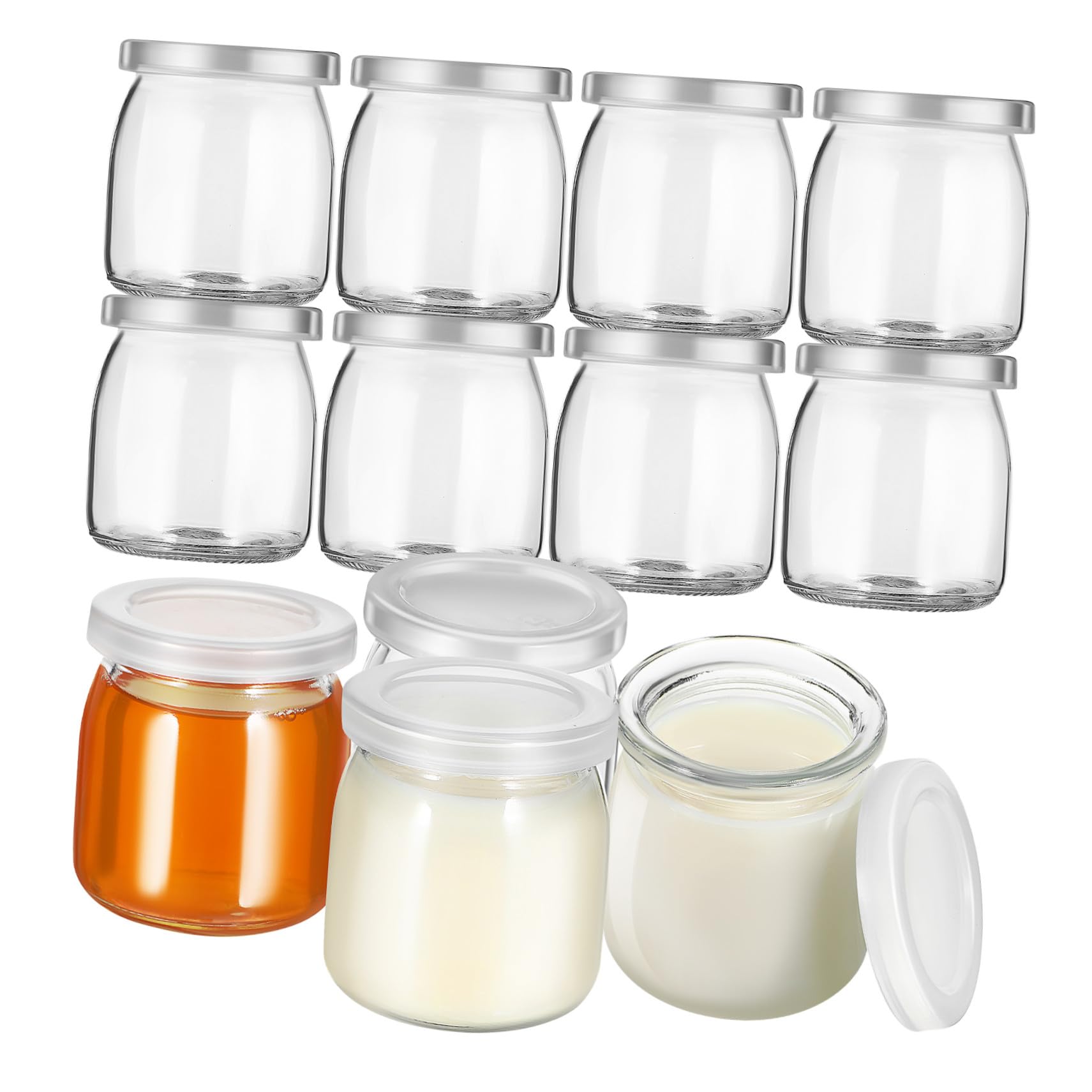 COLLBATH 12 Stück Teiliges Puddinggläser mit Hitzebeständigen Glasbehältern und Luftdichten Deckeln Vielseitige Dessertgläser für Joghurt Marmelade Mousse Honig Gefrier Mikrowellengeeignet