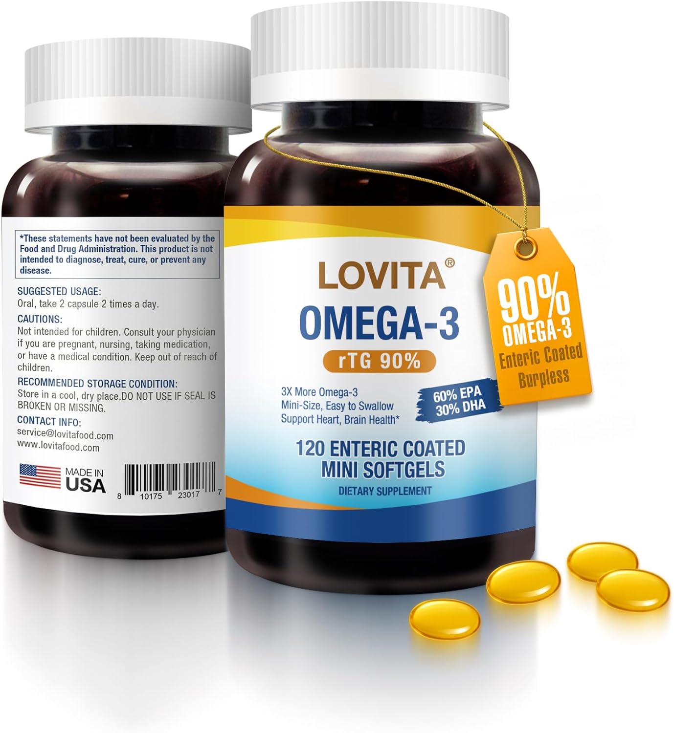 LOVITA Omega-3 Fish Oil 2000mg Supplement for Men and Women, 120 Mini Softgels, High Absorption rTG with EPA & DHA, Burpless Enteric-Coated, Non-GMO, Supports Heart Brain Eye Health, 30 Day Supply
