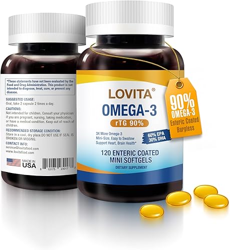 Lovita Suplemento de aceite de pescado Omega-3 de 2000 mg para hombres y mujeres, 120 mini cápsulas blandas, alta absorción rTG con EPA y DHA,