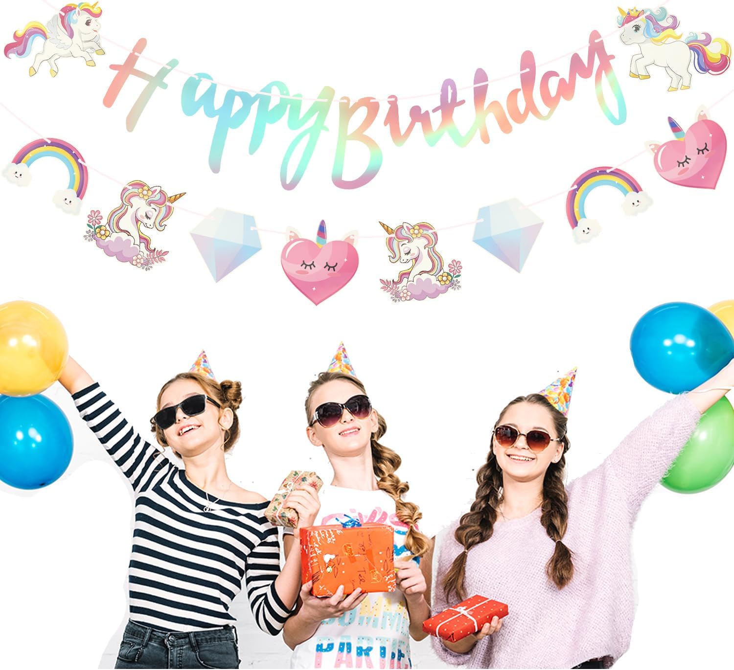 Unicorn Birthday Banner, Cartoon Clouds Rainbow Diamond Birthday Bunting Banner Unicorn Themed Party Supplies for Kids Girls Baby Shower Party Decorations Y8DJSYCSRLQ