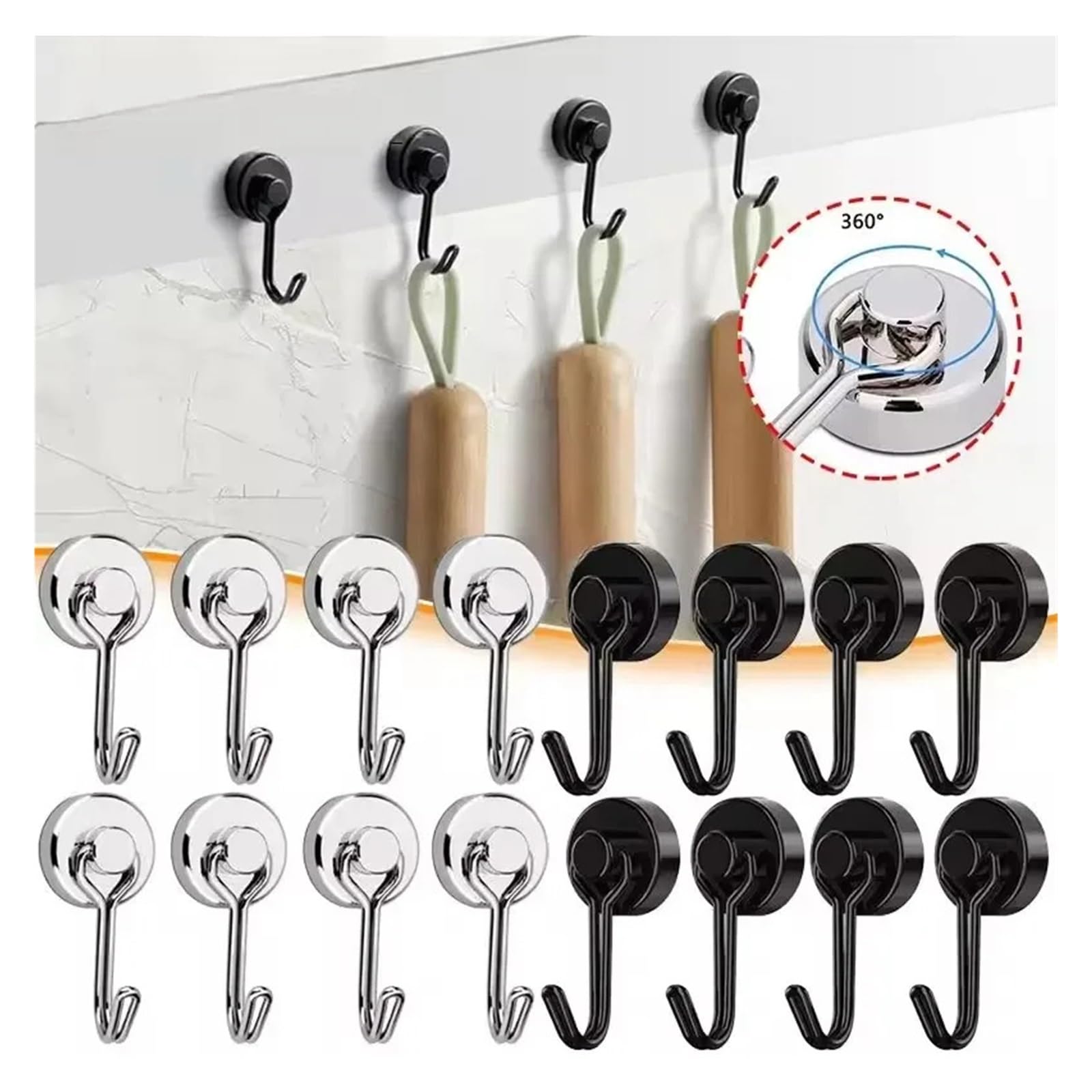Genérico Imán resistente con rotación de 360 ​​°, ganchos magnéticos negros, perchas for cocina, hogar, oficina, uso multifuncional(360-20mm 20PCS)