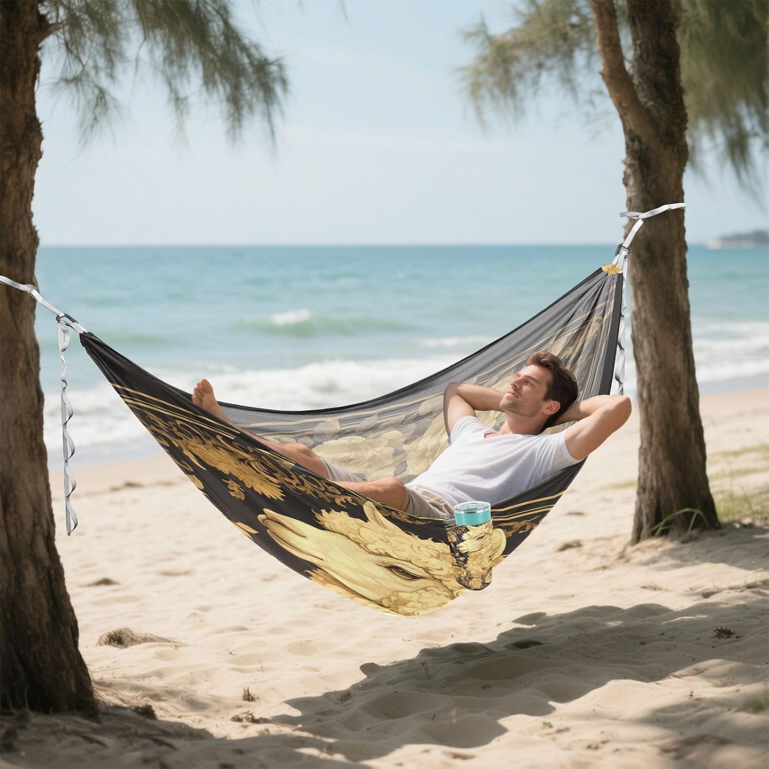 Art Alpaca Black and Gold Hammocks with Hanging Rope Tree Hammock for Outside Camping Essentials