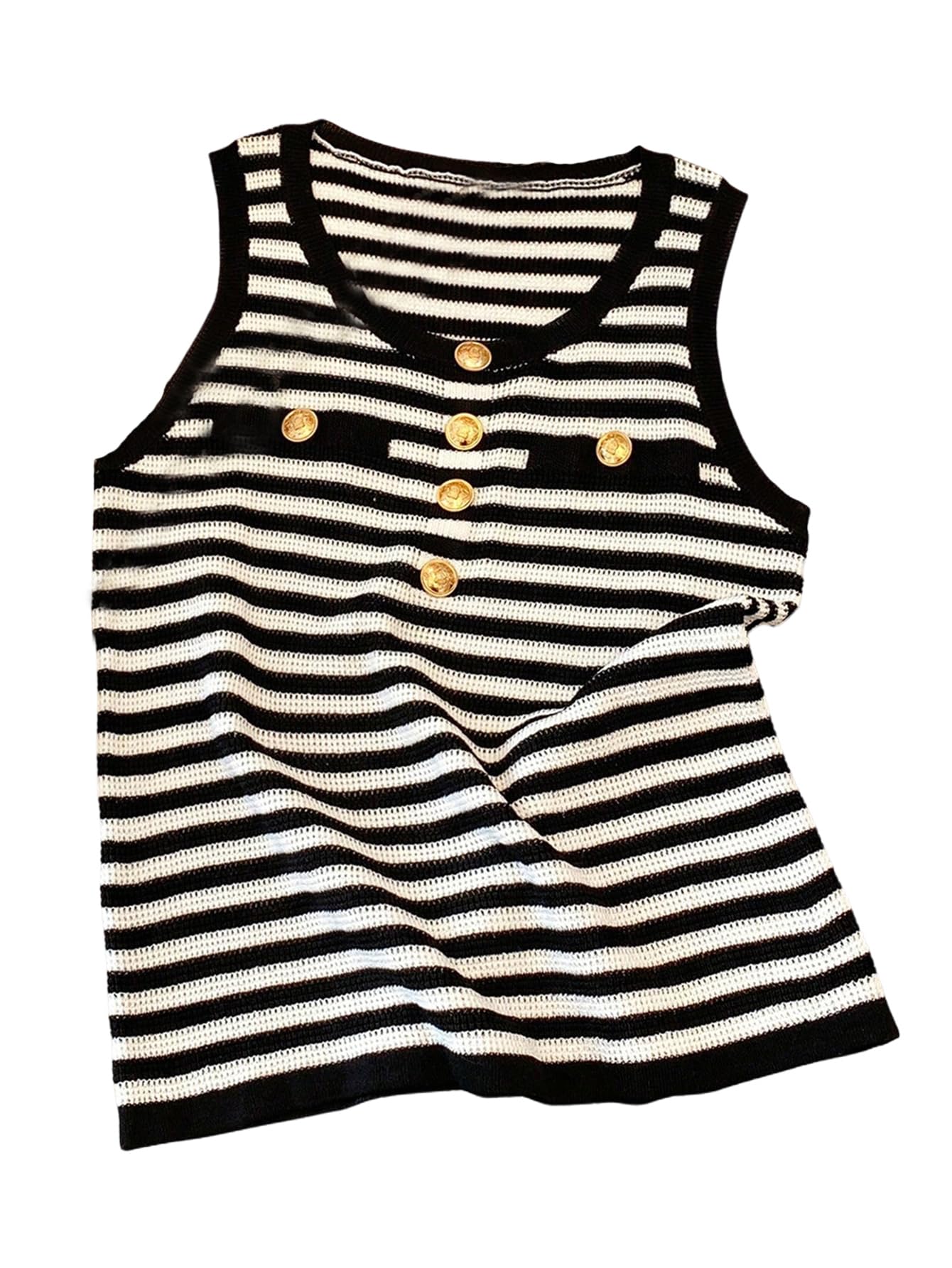 WDIRARA Womens Striped Sweater Vest Metal Button Crew Neck Sleeveless Knit Tank Tops