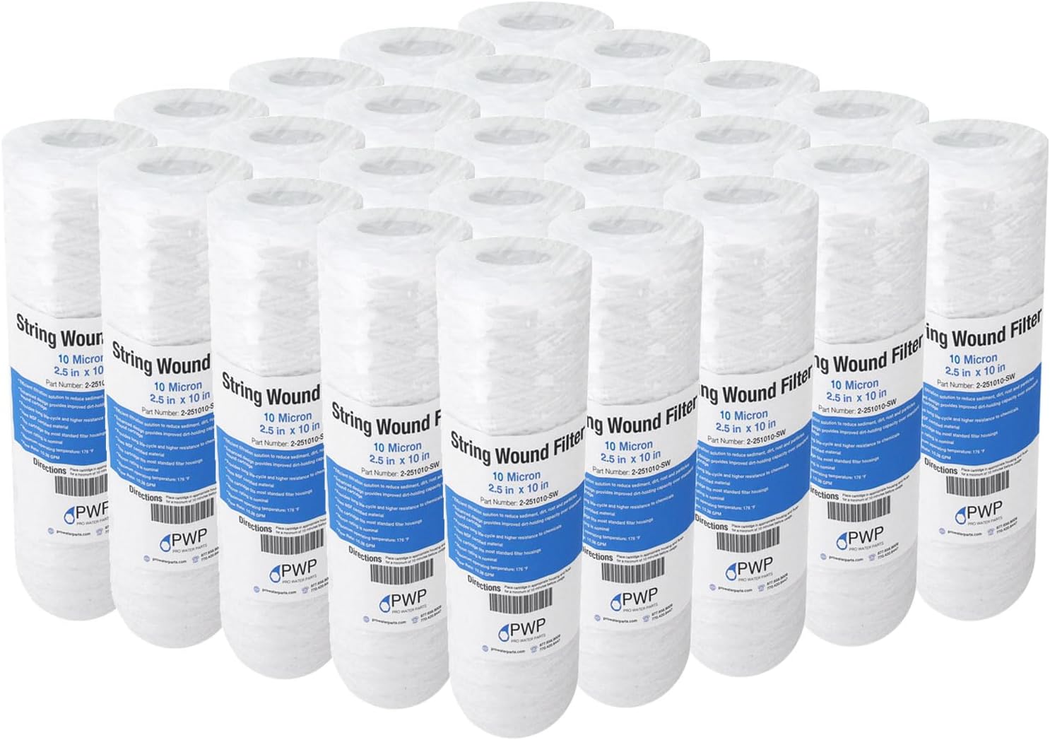 String Wound Sediment Water Filter Cartridge Standard 2.5x10" 10 Micron 25 Pack