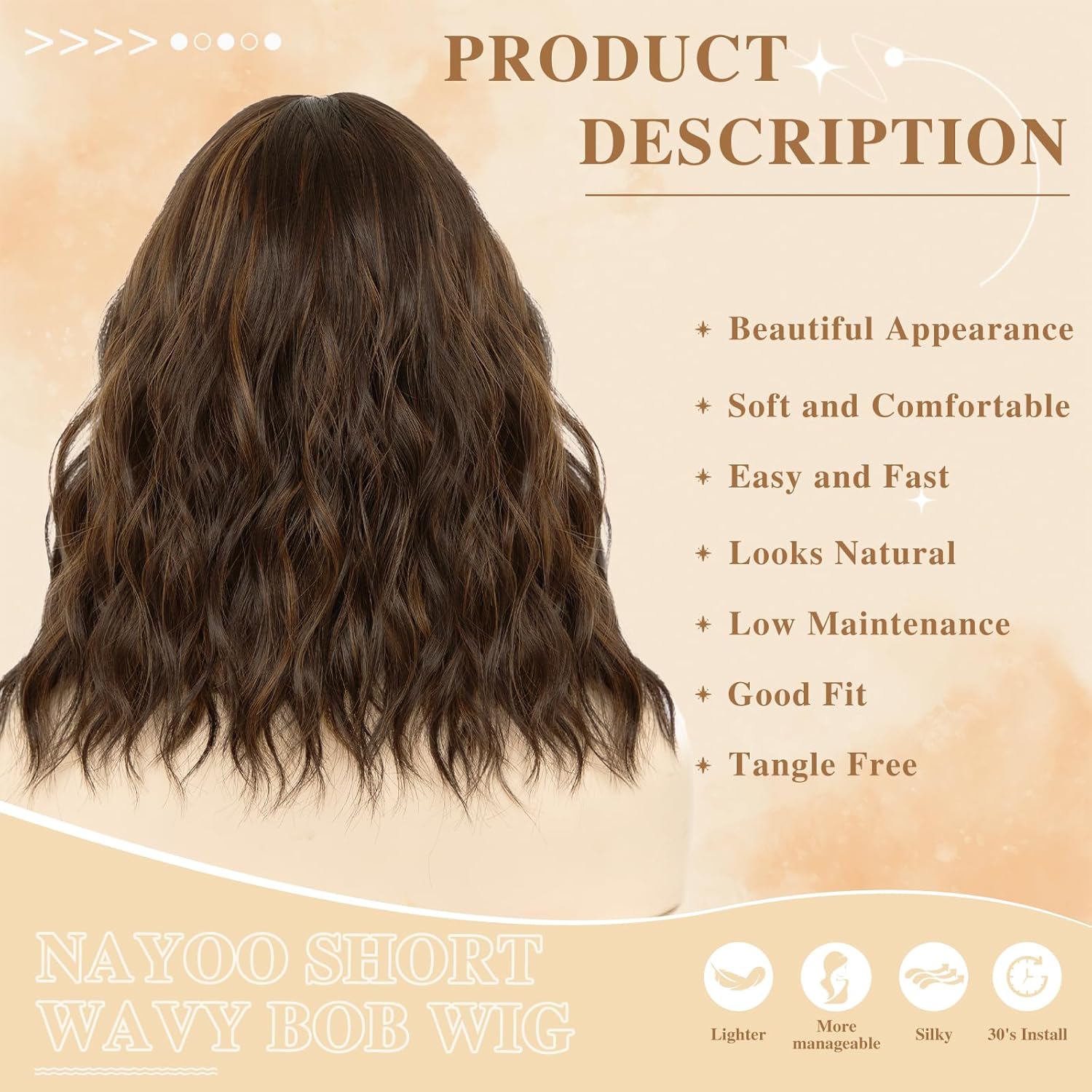 NAYOO Dark Brown Highlight Wig with Bangs, 14 Inch Bob Wig with Bangs for Women, Shoulder Length Short Wig, Glueless Short Wig, Synthetic Hair Wig Cosplay Wig Girls Cosume Wigs