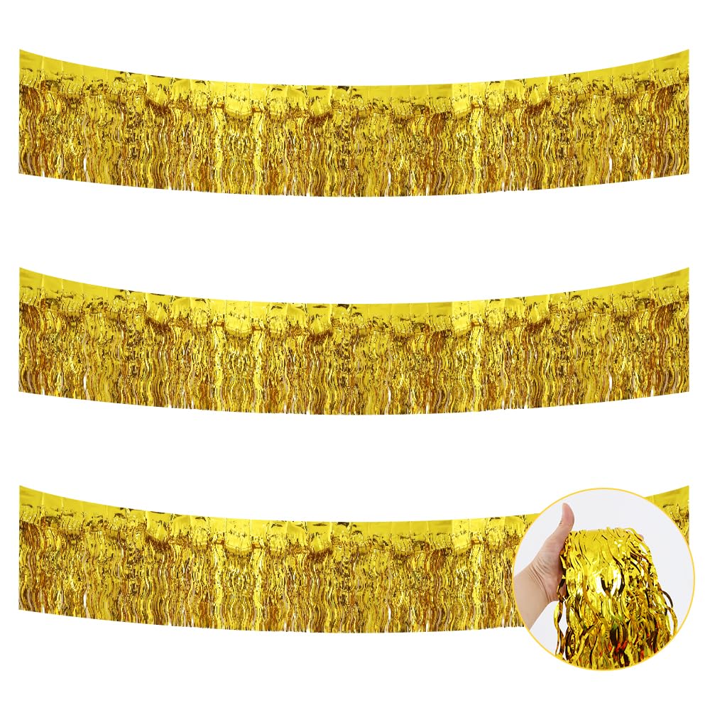 BEISHIDA 3 Pack Gold Wavy Foil Fringe Garland 30ft Tinsel Wall Decor