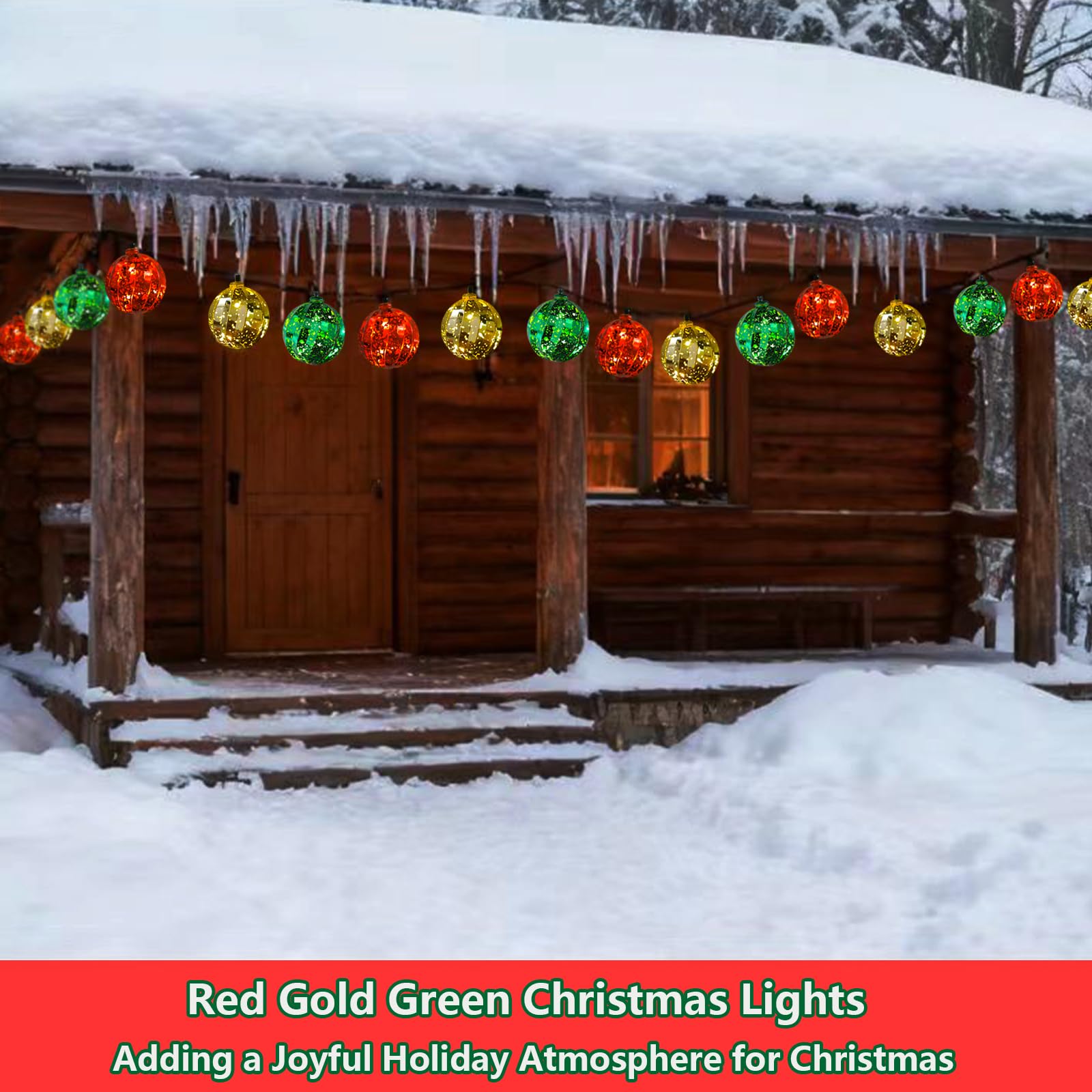 Guirlande lumineuse de Noël à piles, 7,7 m, 20 LED rouge, verte et dorée avec minuterie et 8 modes, étanche, pour arbre, chambre à coucher, fenêtre, porche, décoration