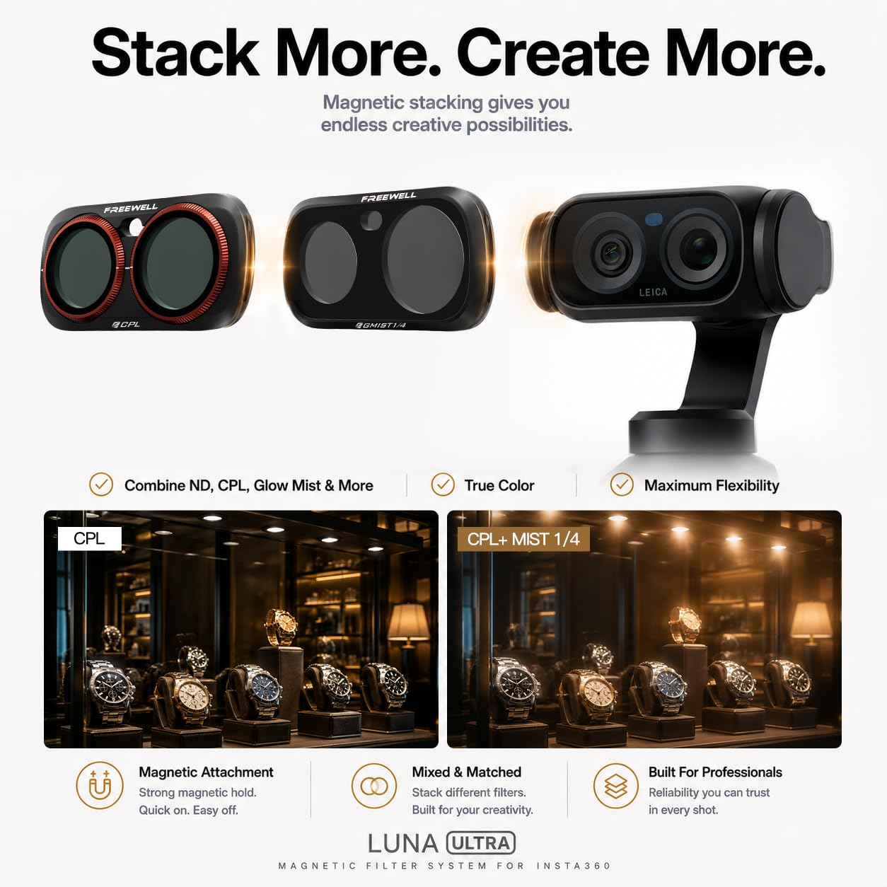 Freewell Everyday Creative Filter-Set für Insta360 Luna Ultra | Inklusive ND1000-, CPL, Glow Mist 1/4 und LPR-Filter für Langzeitbelichtung, Leuchten und Nachtaufnahmen.
