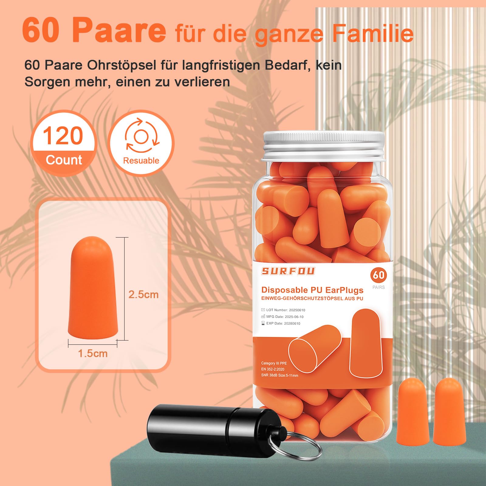 SURFOU Zatyczki do Uszu do Spania, 60 Par, Redukcja Hałasu 38 dB, Wielokrotnego Użytku i Ekologiczne, Wygodne dla Śpiących na Boku, Idealne na Podróże, Do Domu i Nauki, Pomarańczowe