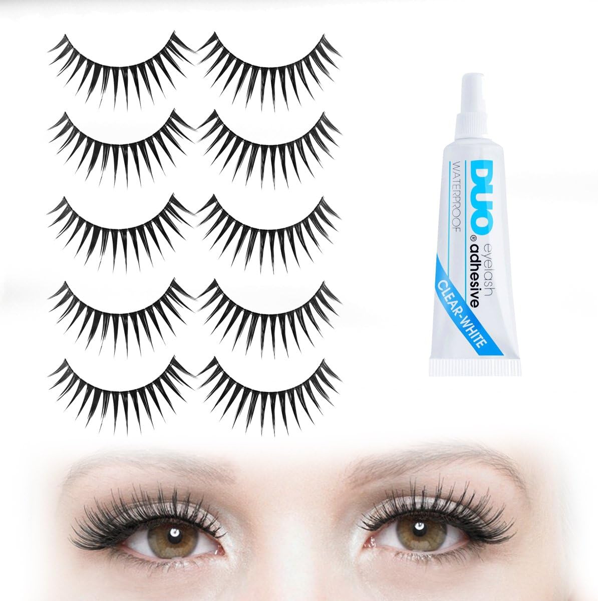 CURVED & SPIKY Long Dramatic False Eyelashes - 5 Pair Set with DUO Clear Eyelash Glue | Strip Falsies for Your Ultimate Eye Makeup Look. Lightweight & comfortable to wear
