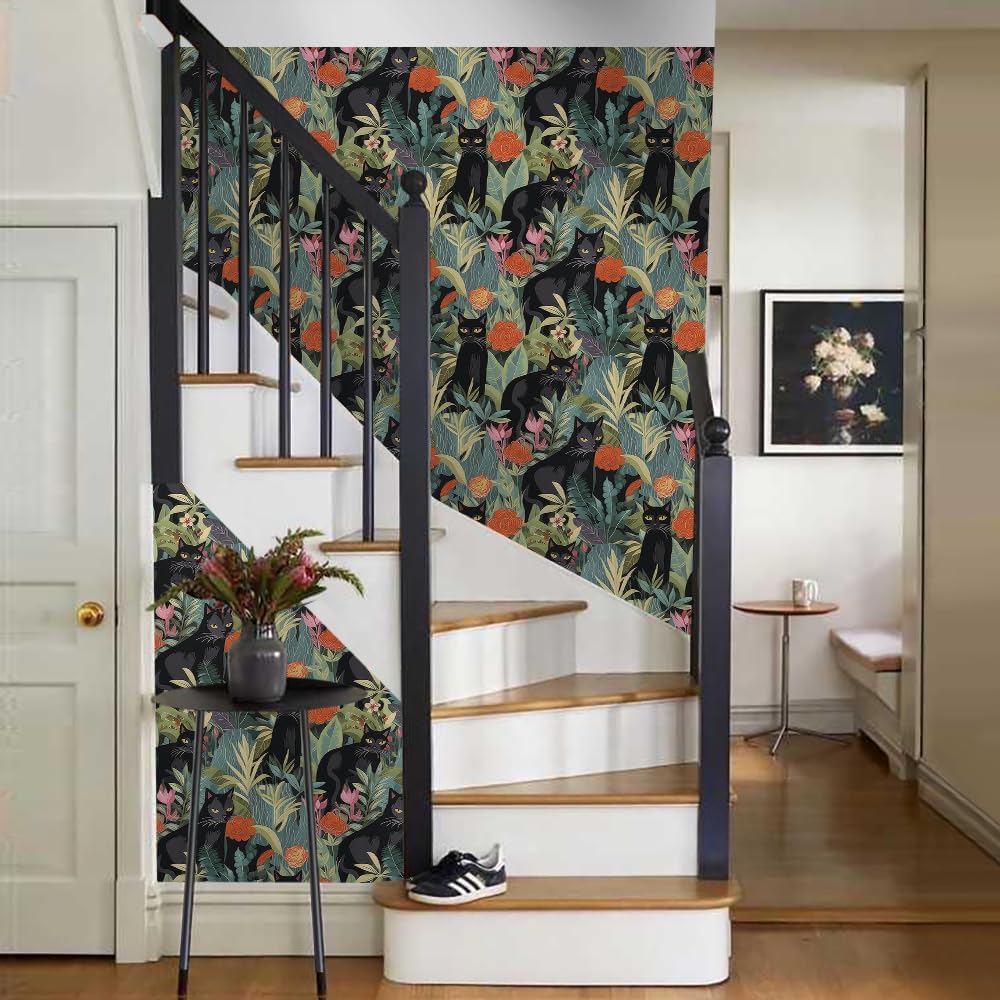 18"x236" Abstract Jungle Forest Black Cats Peel and Stick Self Adhesive Wallpaper Removable Contact Paper Stick on Easy Peel Off Wall Paper for Kitchen Bedroom Bathroom Renter