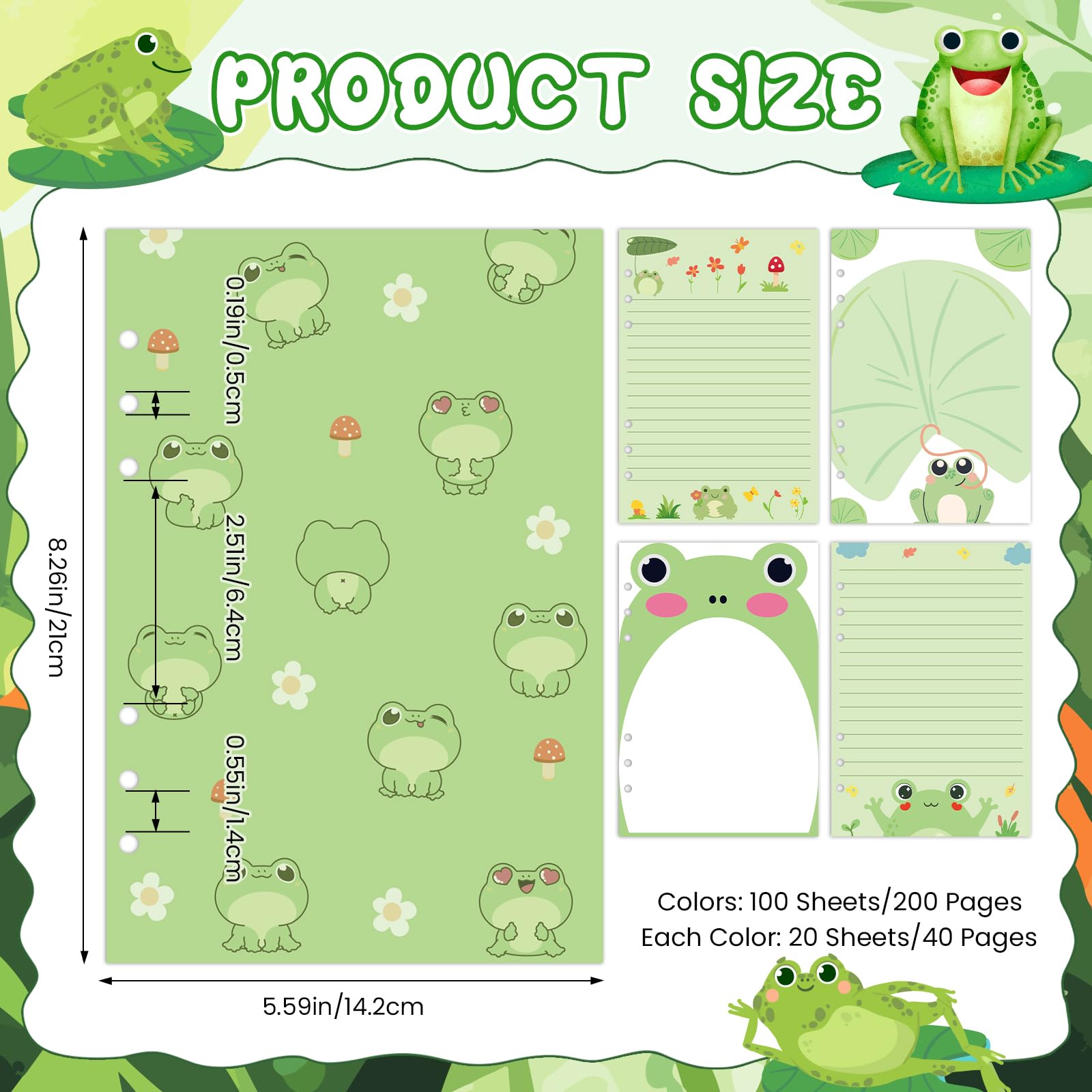 Lot de 100 feuilles de feuilles de papier de rechange épais en forme de grenouille verte A5 pour classeur A5 à 6 anneaux, feuilles mobiles pour journal intime, planification créative, budget, remise