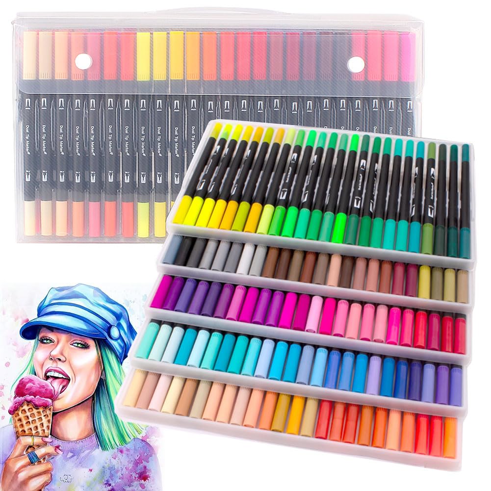 Laconile 120 Dual Tip Brush Pens, 0.4 mm Fineliner Tip and 2 mm Brush Tip, Felt Pens Colouring Pens for adults Colouring Books
