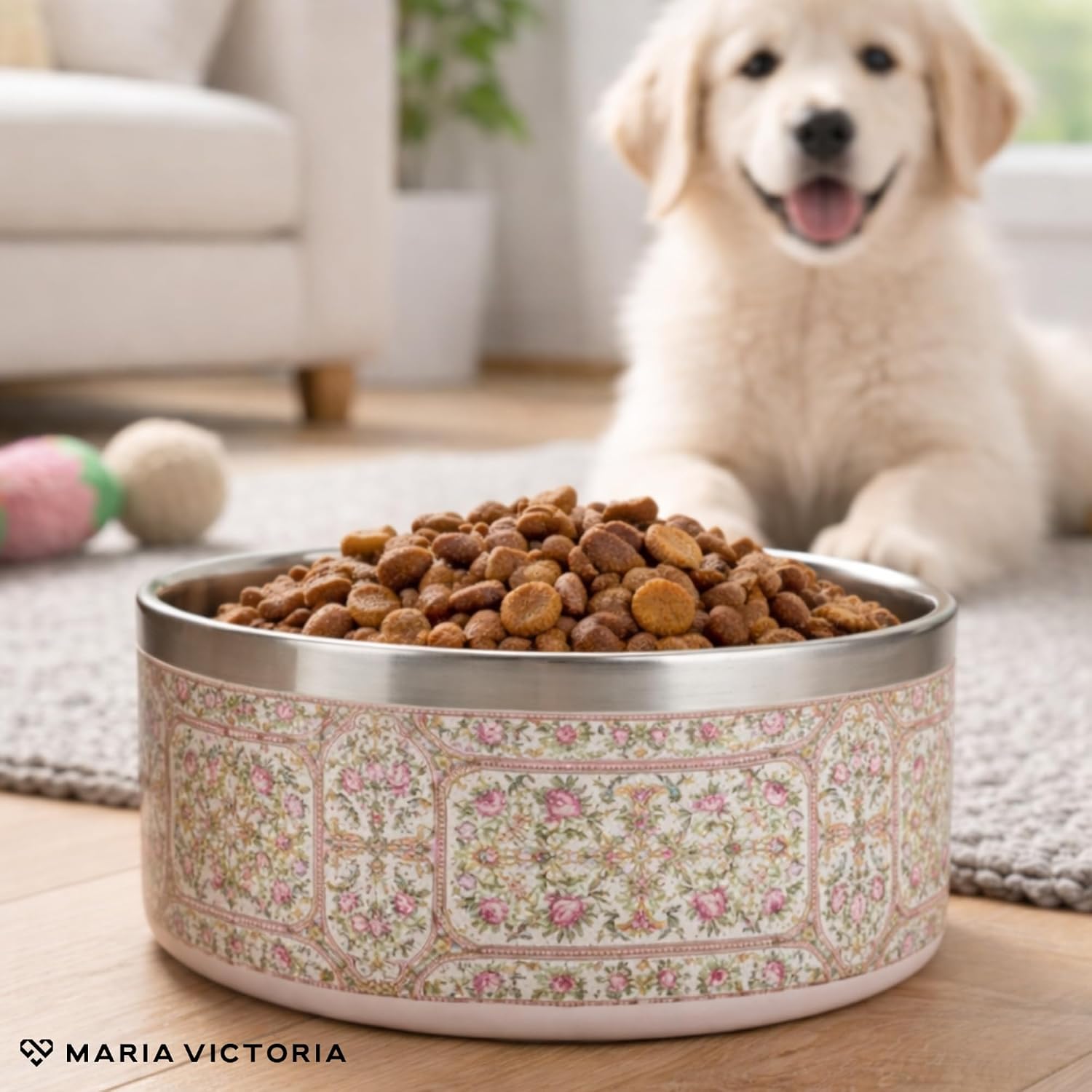 Maria Victoria x La Casona Edit, Dog Bowl, Stainless Steel Pet Food & Water Dish, Non-Slip, Durable, Easy Clean, 6-Inch Small Dog Feeding Bowl (Famille Rose) image 4