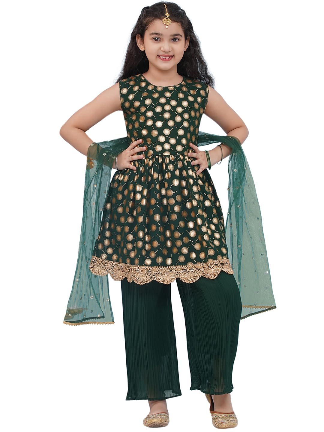 AJ DEZINES Kids Ethnic Wear Motif Foil Printed Frock Style Salwar Suit Set For Girls With Dupatta