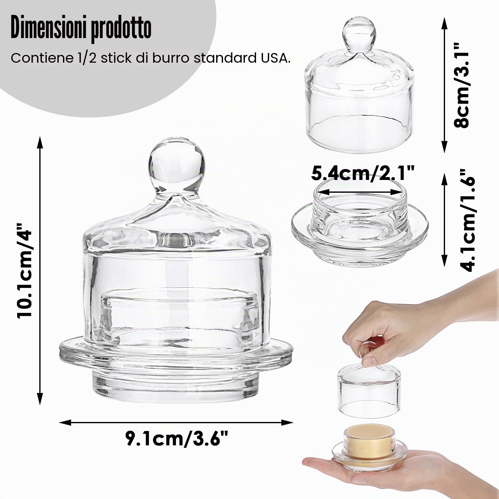 SUMNACON 2 contenitori per burro in vetro con coperchio a cupola, trasparenti | Mini contenitore rotondo per burro, contenitore da cucina per burro, marmellata, semifreddo, dessert
