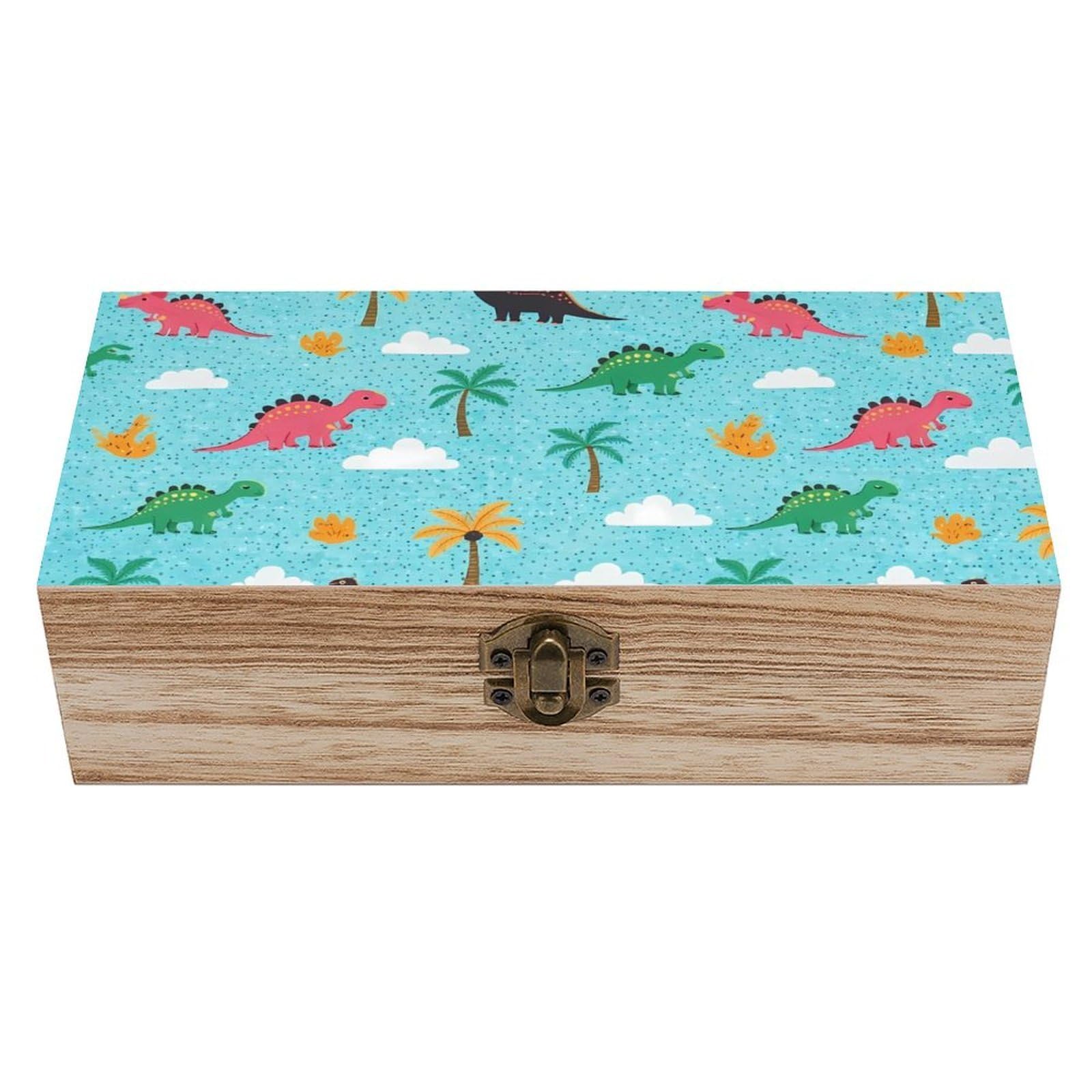 SMAZDFXX Cute Cartoon Dinosaurs Sky Blue Wooden Storage Box With Hinged Lid Decorative Front Clasp Keepsake Boxes