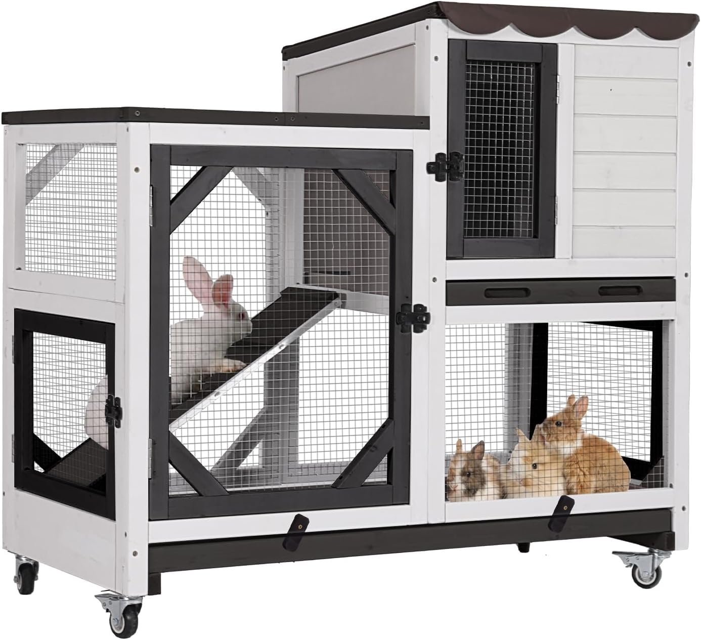 Aivituvin Rabbit Hutch Wooden Bunny Hutch Indoor- Outdoor Rabbit Cage Guinea Pig Cage for Small Animals with Exclusive Two Trays & Bottom Wire Mesh (Black, Medium)