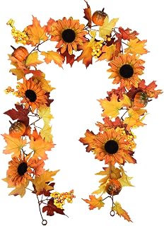 Sunm Boutique 6 Ft Artificial Maple Leaf, Berries Sunflower Pumpkin Garland, Fall Maple Leaf Garland, Sunflower Pumpkin Decor Hanging Vine Decor Autumn Fall Wedding Party Thanksgiving Home Decor