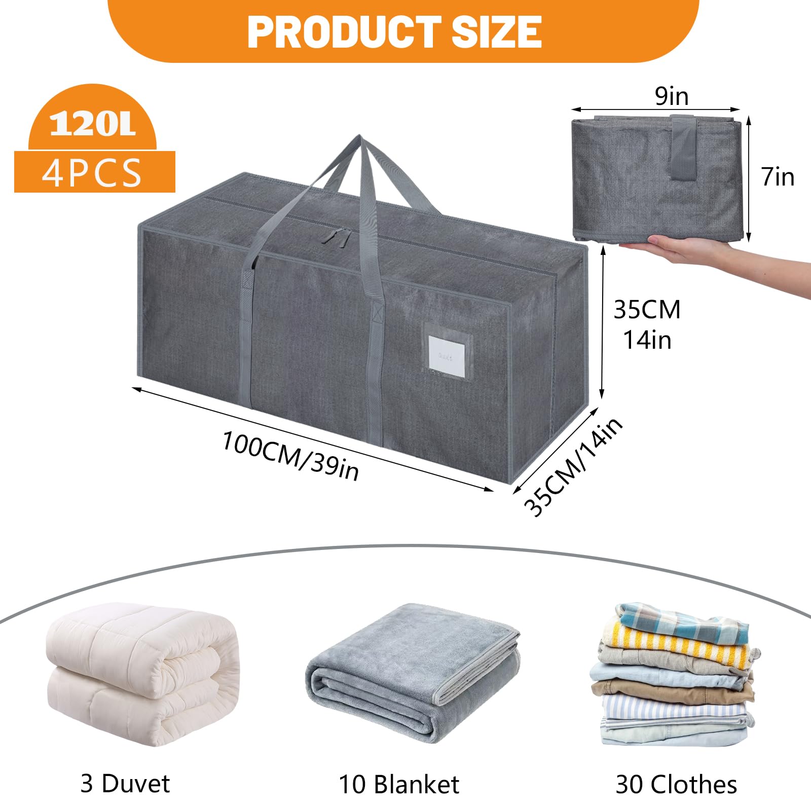 Dntorx 4 Pack 120L Heavy Duty Moving Bags, Waterproof Clothes Storage Bag - Image 2
