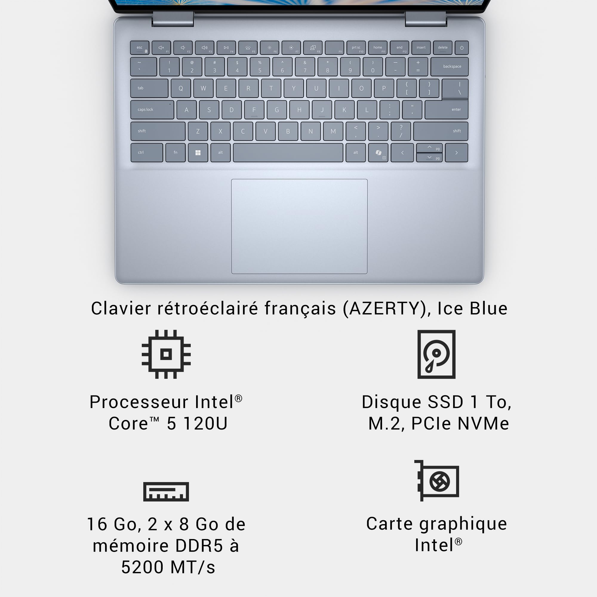 Dell Inspiron 14 2-in-1 7440 Ordinateur Portable 14" 16:10 FHD+ (1920 x 1200), Processeur Intel Core 5 120U, Graphique Intel, RAM 16Go, SSD 1TB, Windows 11 Home, Clavier rétroéclairé AZERTY Français