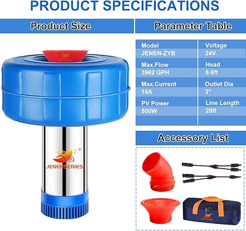 Miniatura 7 de Aireador solar de fuente de estanque 0.5HP 24V Bomba de agua flotante de acero inoxidable DC con cable de 20 pies adecuado para fuente de lago,