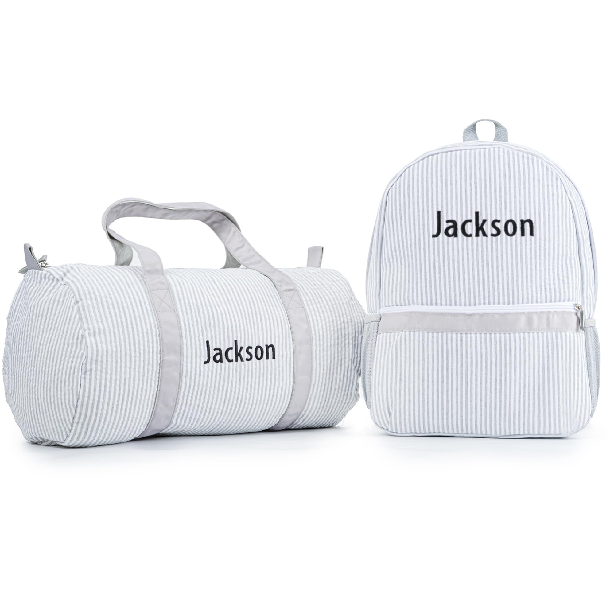 MT WORLD Daycare Backpacks and Travel Duffel Bags Set,Personalized Stripped Daypack Overnight Bags with Embroidered Name,Seersucker Backpacks with