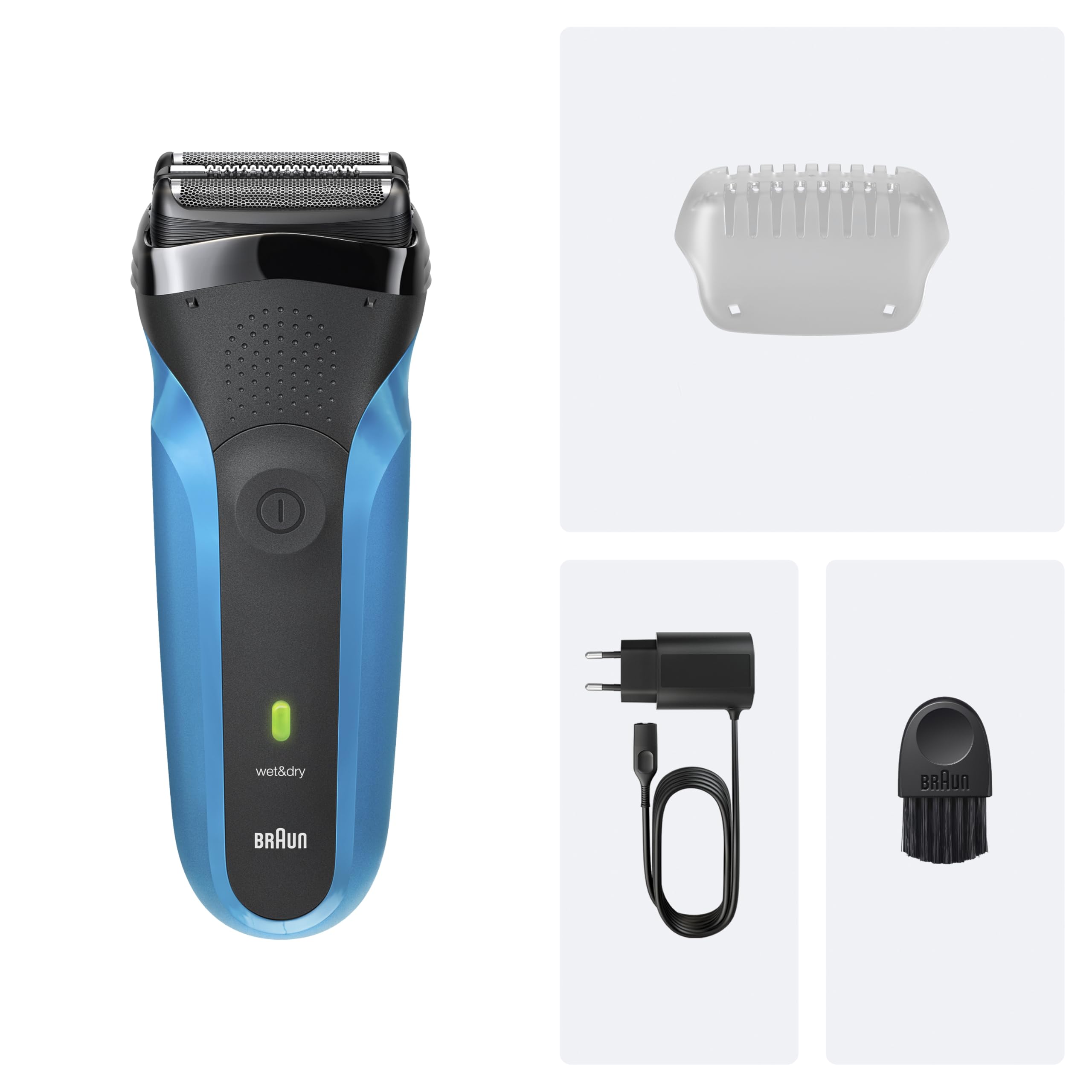 Braun Serie 3 Rasoio Elettrico Barba, Wet&Dry, Regolabarba Uomo, Rasoio Barba, 3 Lame Flessibili, Regolabarba Braun, Progettato in Germania, 310S, Blu