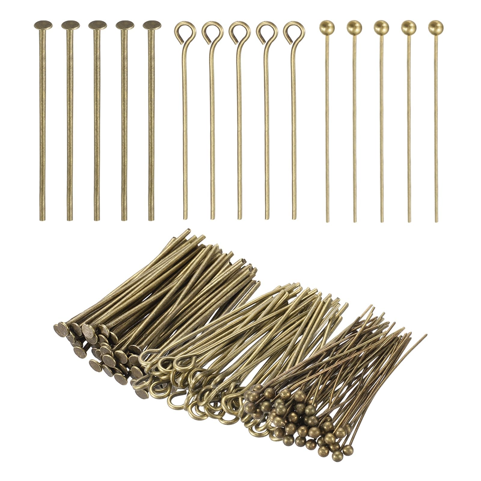 PATIKIL Head Pins Set for Jewelry Making, 600 Pcs 3 Styles 1.18" Flat Head & Ball Head Pins & Eye Pins Findings for DIY Necklaces, Earrings, Bracelets Making Supplies (Bronze)