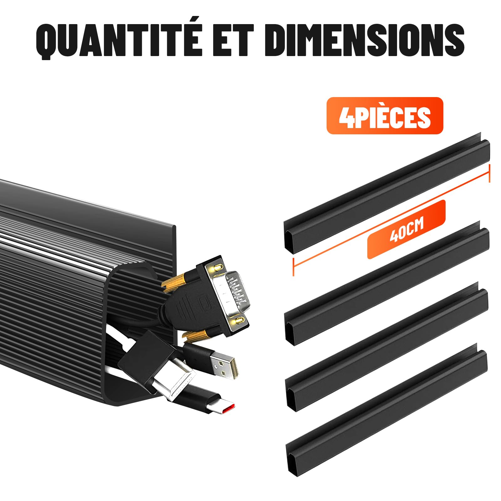 shinfly Gestion des Câbles de Bureau, 4 x 15,7 Pouces de Gestion des Câbles sous Le Bureau, Rainure de Goulotte de Câbles Noire en Forme de J pour Bureau d'Ordinateur, Télévision