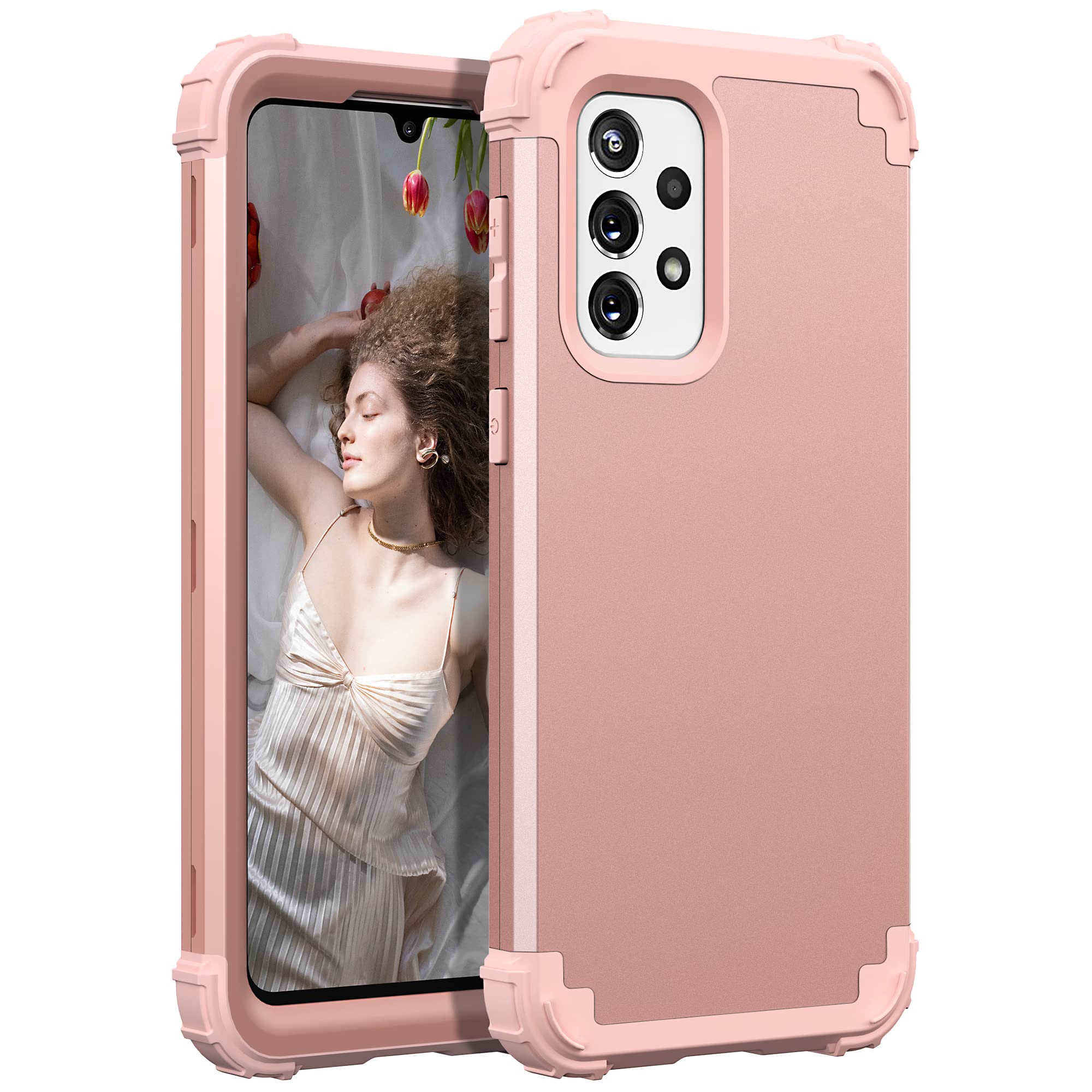 TIANLI Case for Samsung Galaxy A53 5G, 3 in 1 Heavy Duty Rugged Hybrid Hard PC & Soft Silicone Dual-Bumper Shockproof Anti-Slip Anti-Scratch Full-Body Protective Phone Cover for Men Women, Rose Gold