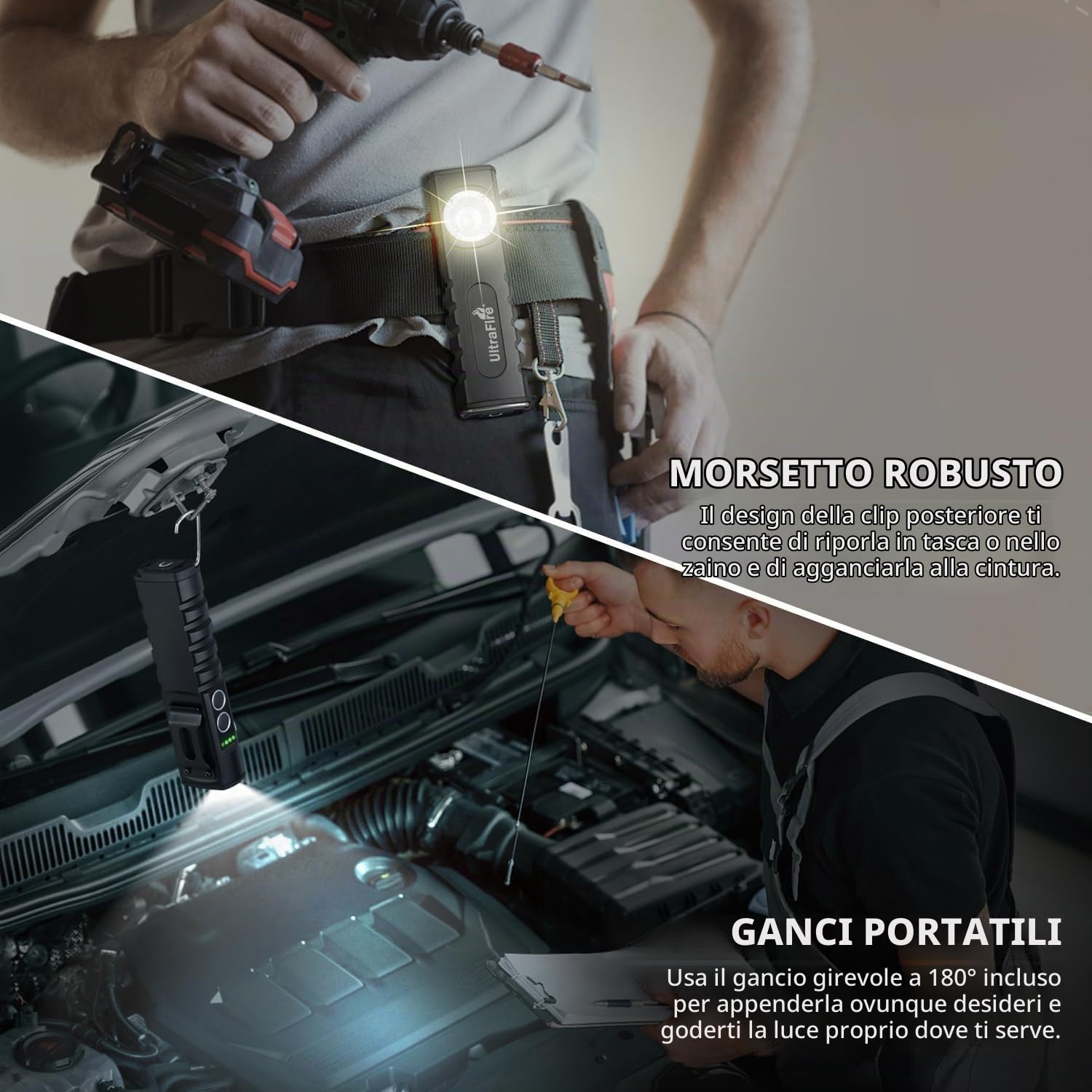 ULTRAFIRE Luce da lavoro a LED ricaricabile, 350 lumen, torcia tattica piatta a LED con fascio rosso, 3 modalità di utilizzo, con magnete e clip per lavoro, riparazione auto, emergenza