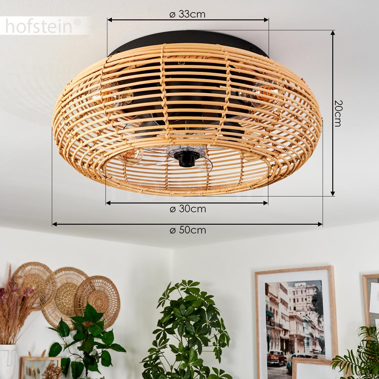 HOFSTEIN Ventilatore a soffitto Mulstrand, ventilatore in metallo/bamboo in nero/naturale con telecomando, funzione di flusso d'aria ascendente e discendente e effetto luce sul soffitto, plafoniera a