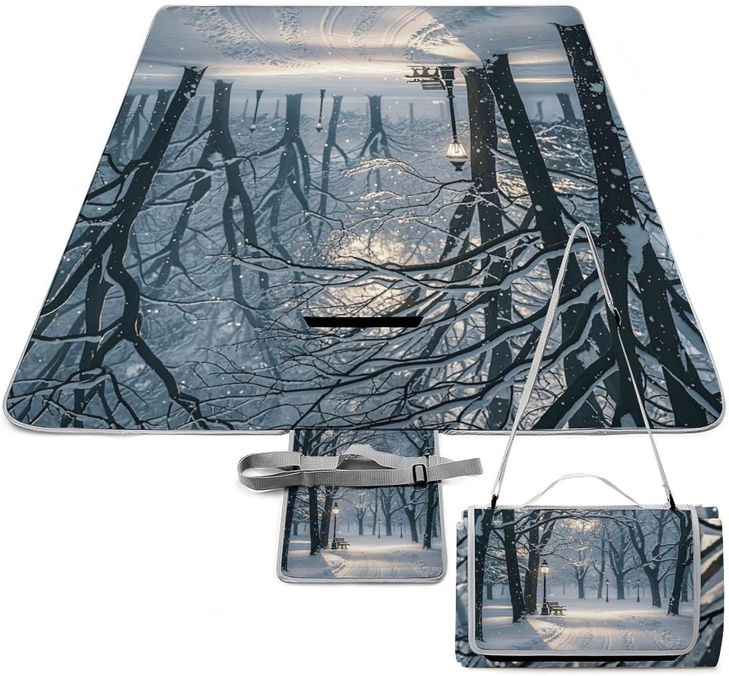 Outdoor Picnic Blanket Extra Large Beach Blanket Waterproof Picnic Mat Winter Snow Falling in The Park Camping Blanket Portable with Carry Strap Park Blanket for Grass Camping Park